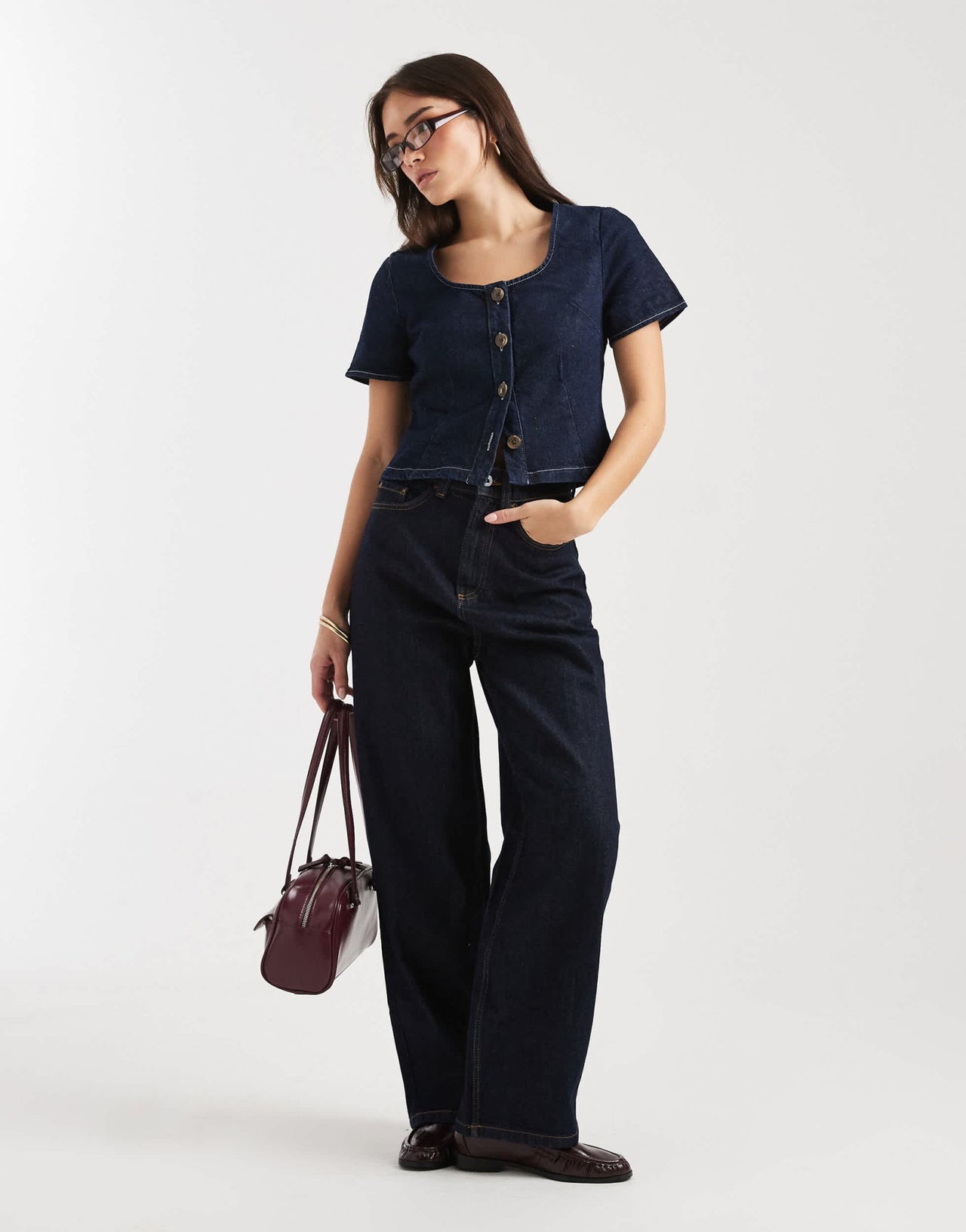 ASOS DESIGN denim bust detail top in mid blue - ASOS Sample Sale