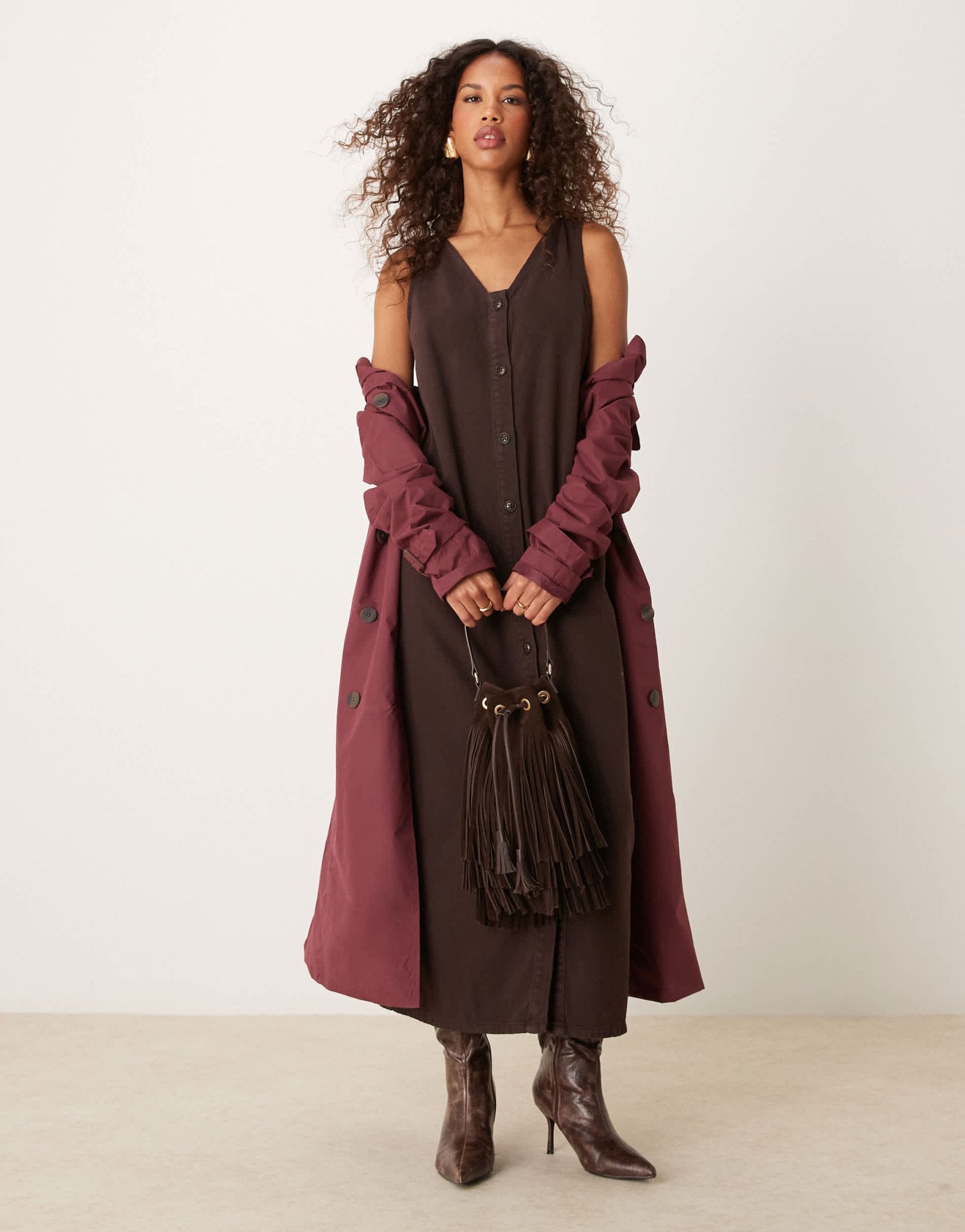 ASOS DESIGN denim button down maxi dress in brown - ASOS Sample Sale