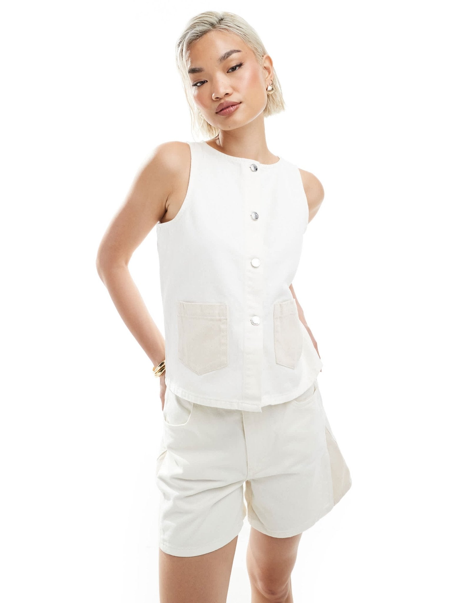 ASOS DESIGN denim button down tank top with contrast pockets co-ord - ASOS Sample Sale