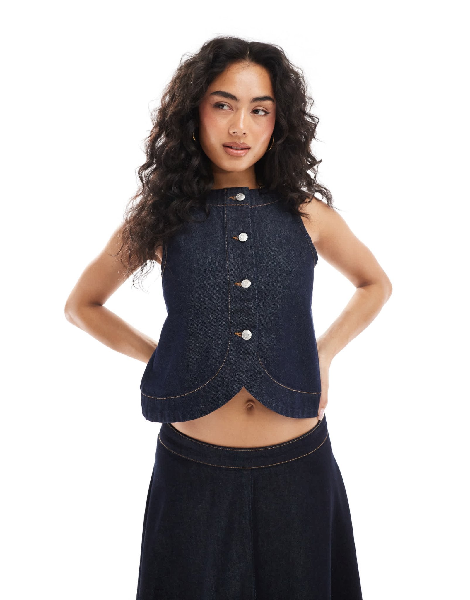 ASOS DESIGN denim button up curve hem top in indigo - ASOS Sample Sale