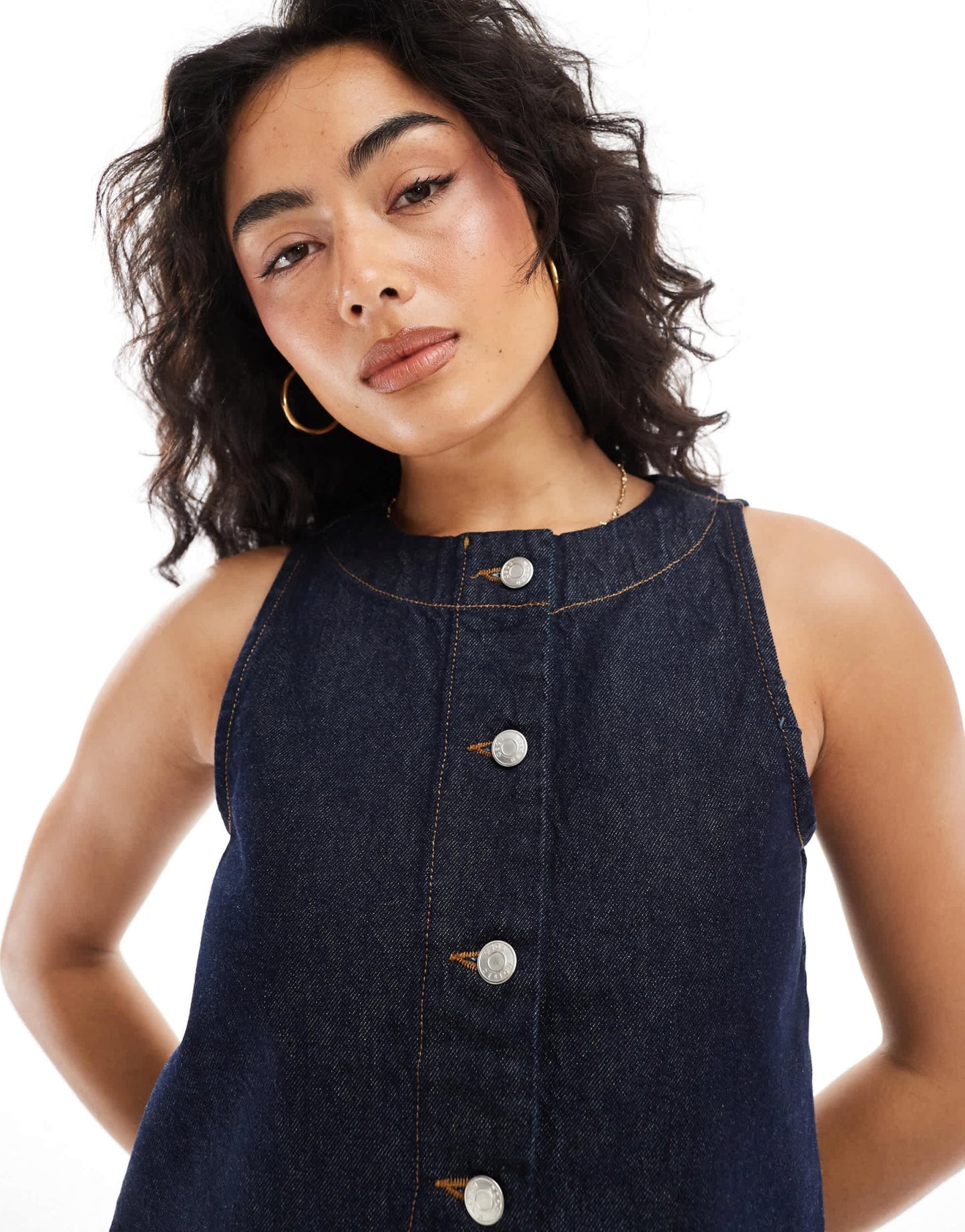 ASOS DESIGN denim button up curve hem top in indigo - ASOS Sample Sale