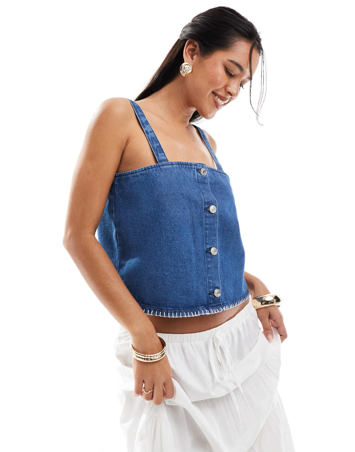 ASOS DESIGN denim cami top with blanket stitch hem in mid blue - ASOS Sample Sale
