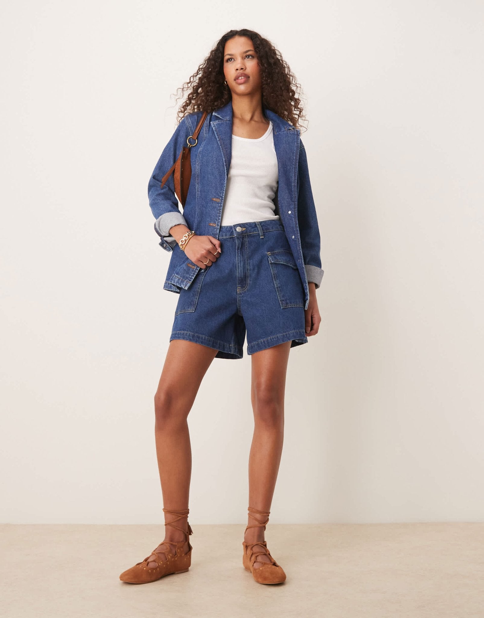 ASOS DESIGN denim dad shorts with pocket detail in mid blue - ASOS Sample Sale