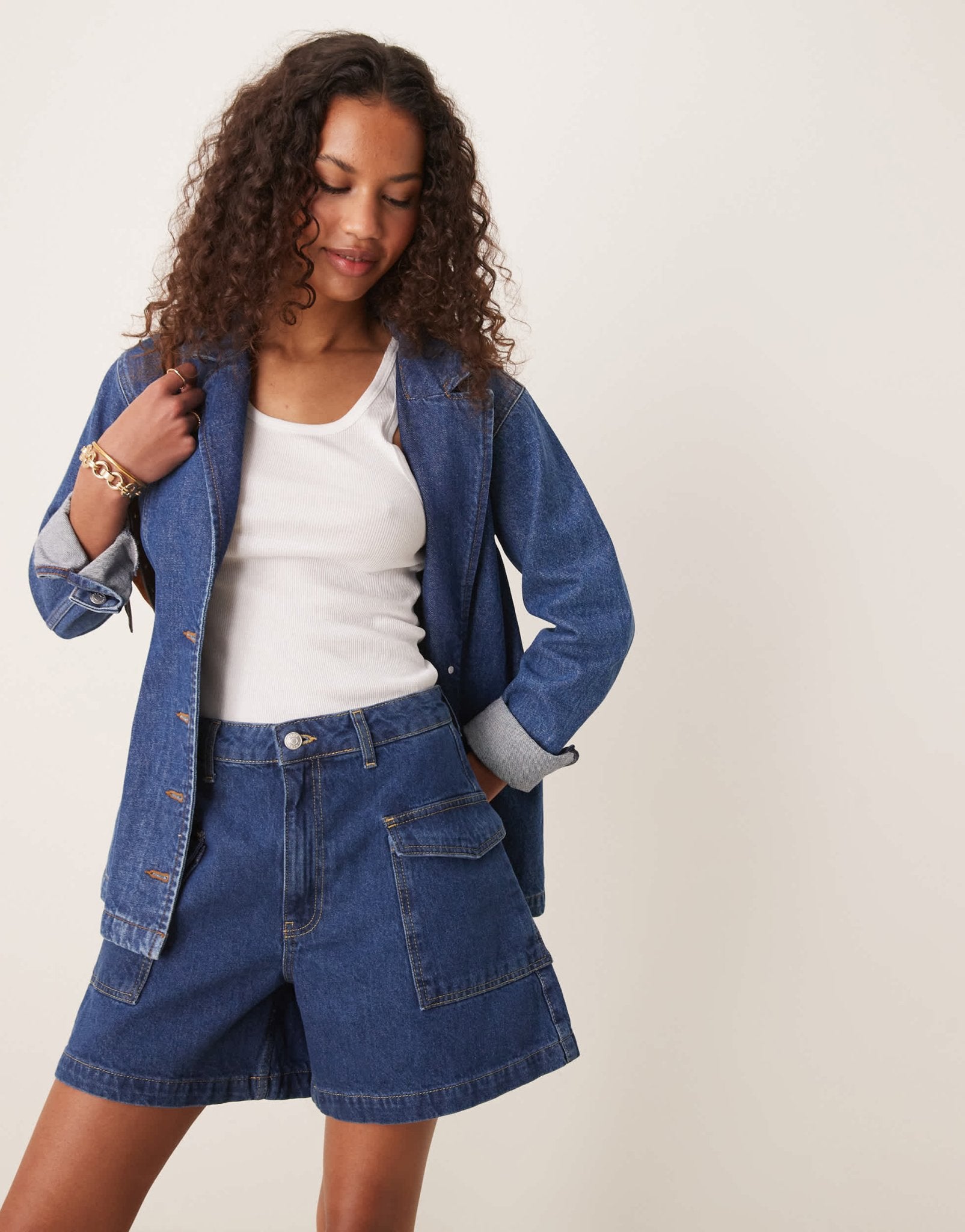 ASOS DESIGN denim dad shorts with pocket detail in mid blue - ASOS Sample Sale