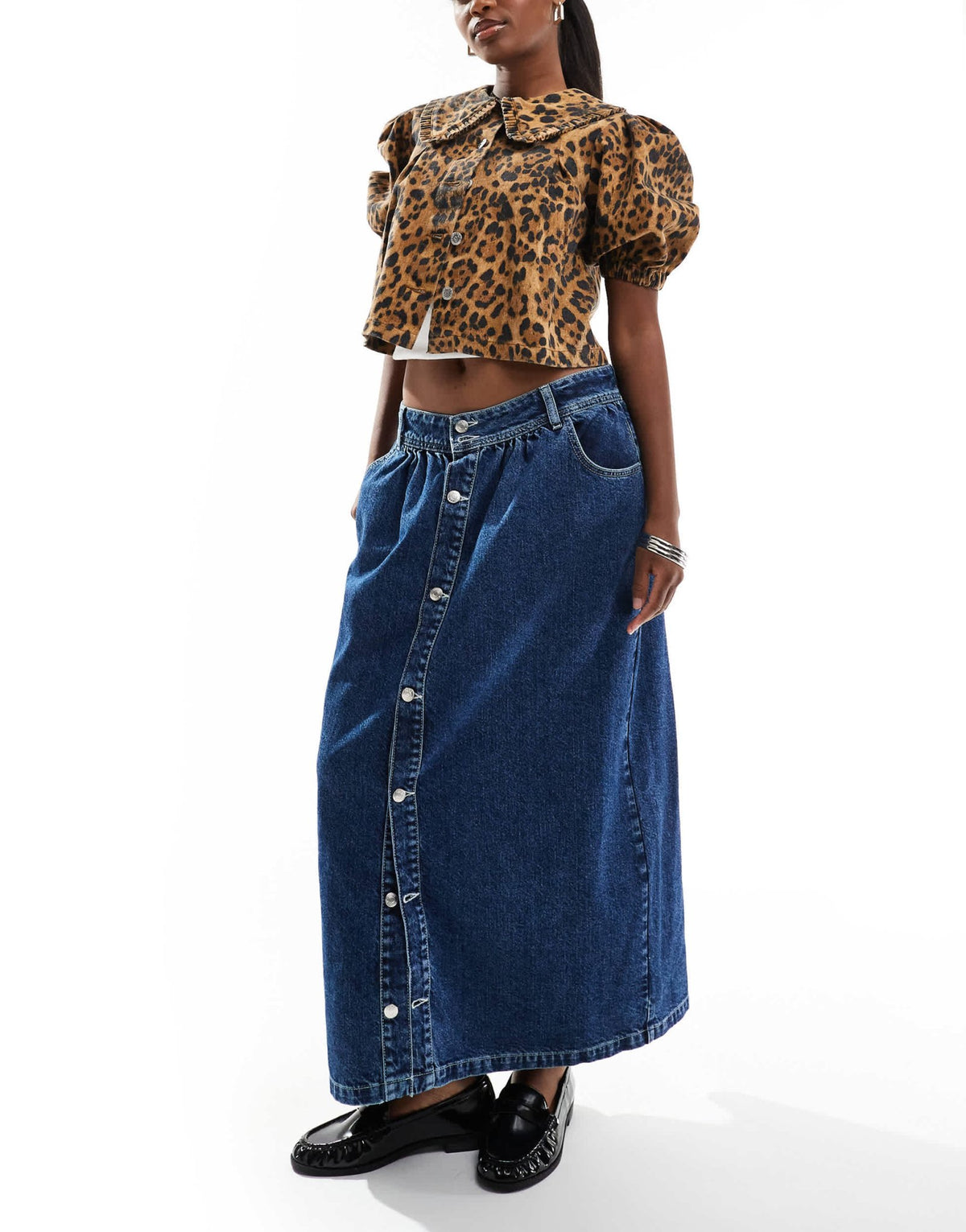 ASOS DESIGN denim dropwaist midi skirt in mid blue - ASOS Sample Sale