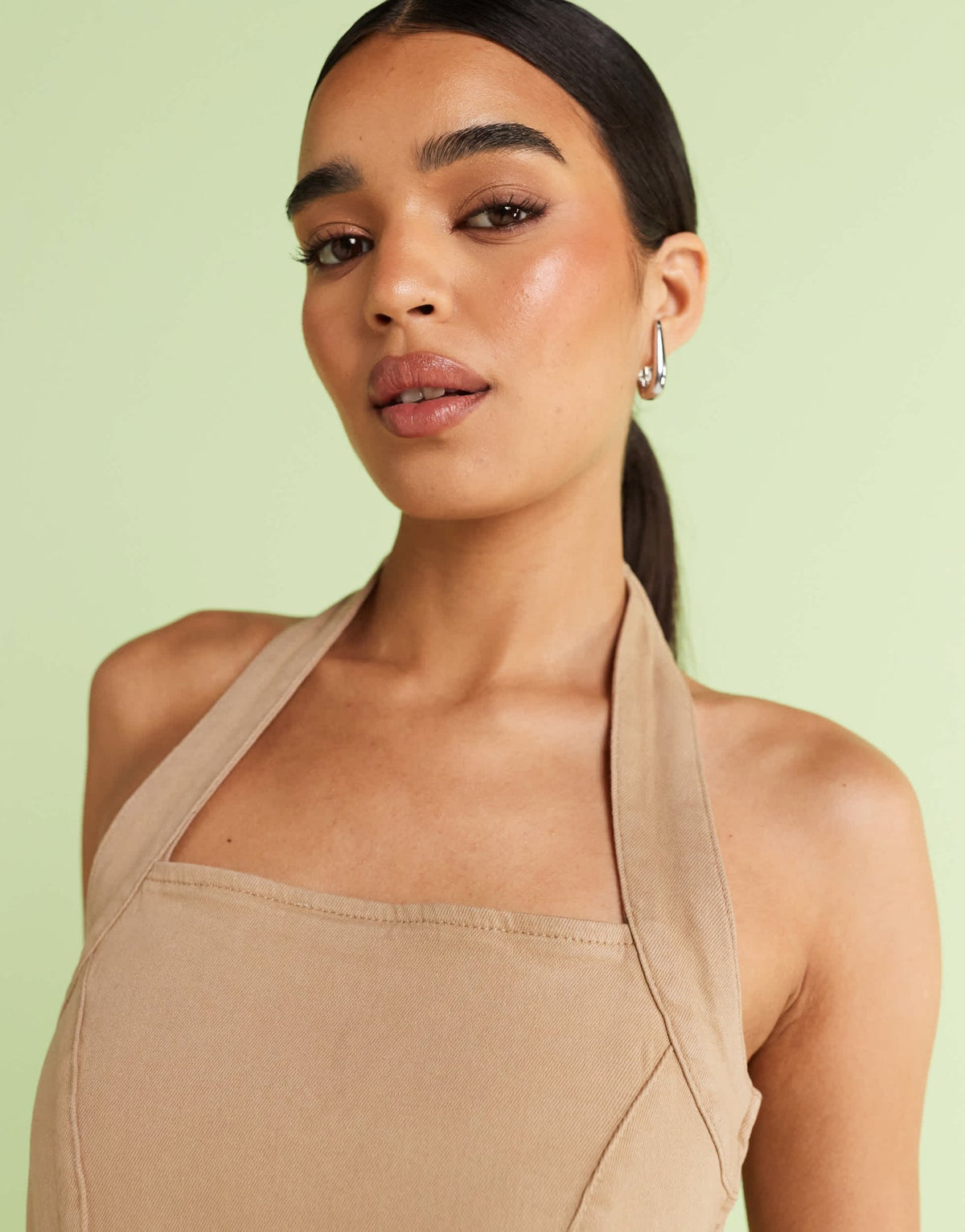 ASOS DESIGN denim halter neck mini dress in neutral - ASOS Sample Sale
