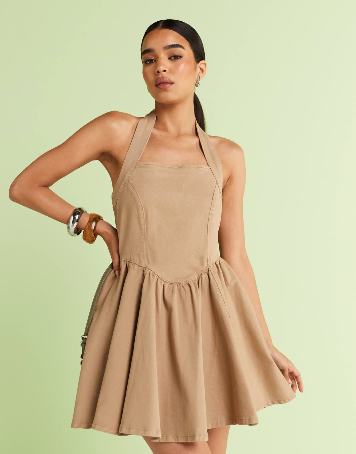 ASOS DESIGN denim halter neck mini dress in neutral - ASOS Sample Sale