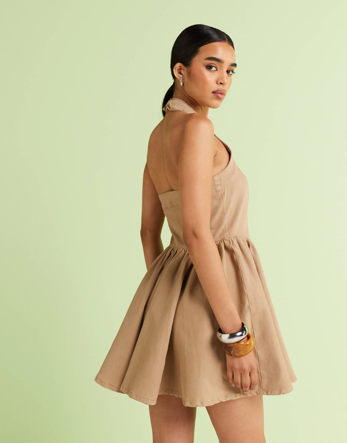 ASOS DESIGN denim halter neck mini dress in neutral - ASOS Sample Sale