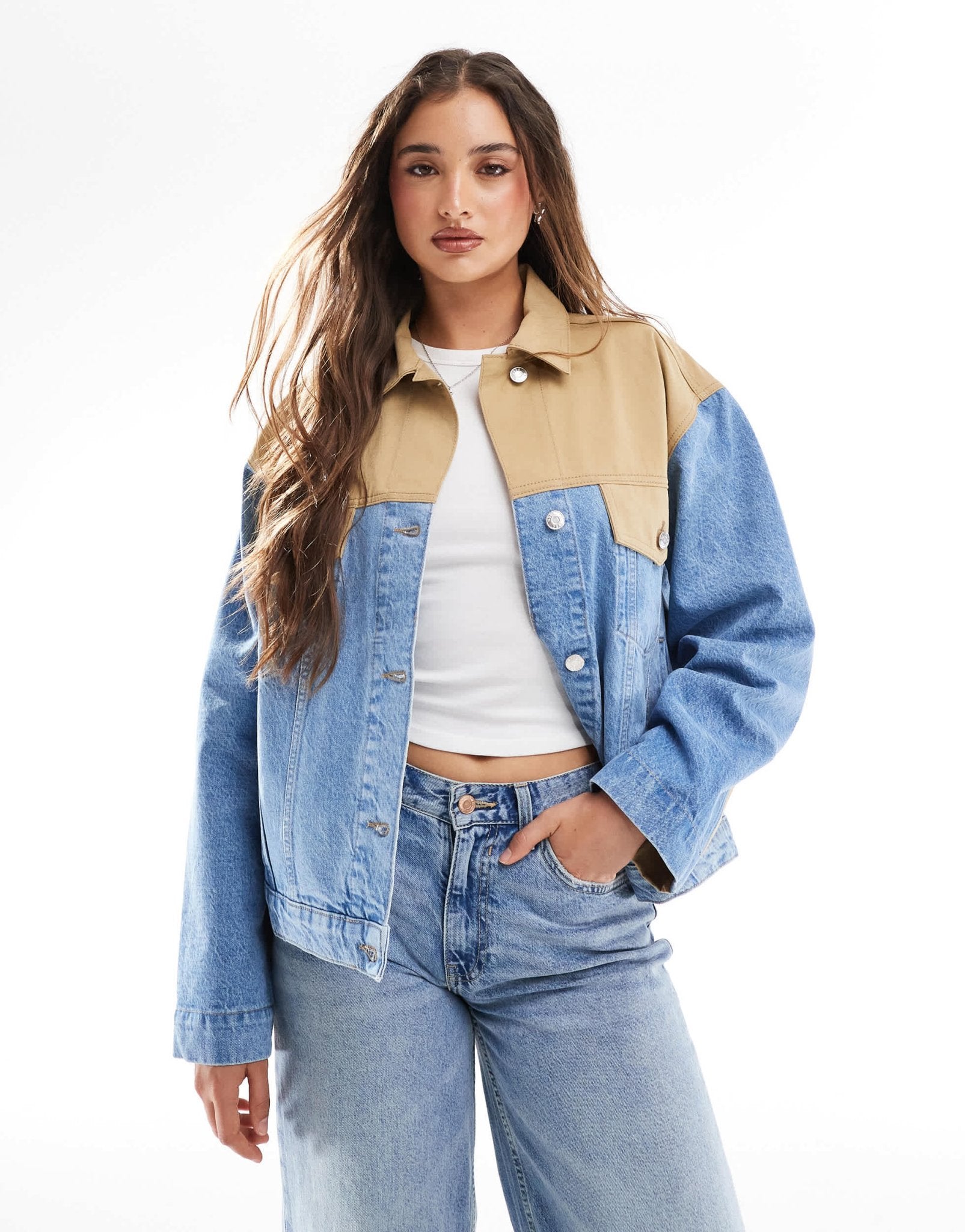 ASOS DESIGN denim hybrid western jacket in midwash blue - ASOS Sample Sale