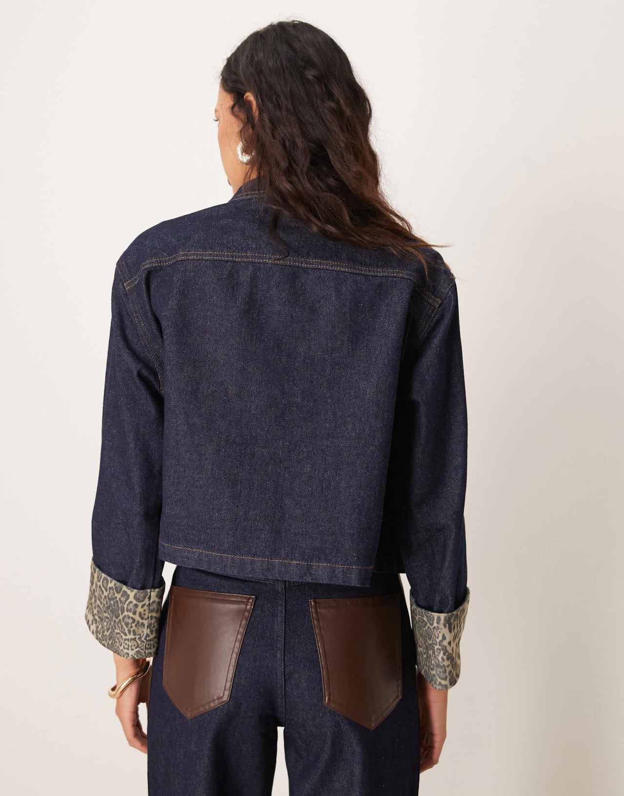 ASOS DESIGN denim jacket with leopard print turn up cuffs in indigo - ASOS Sample Sale