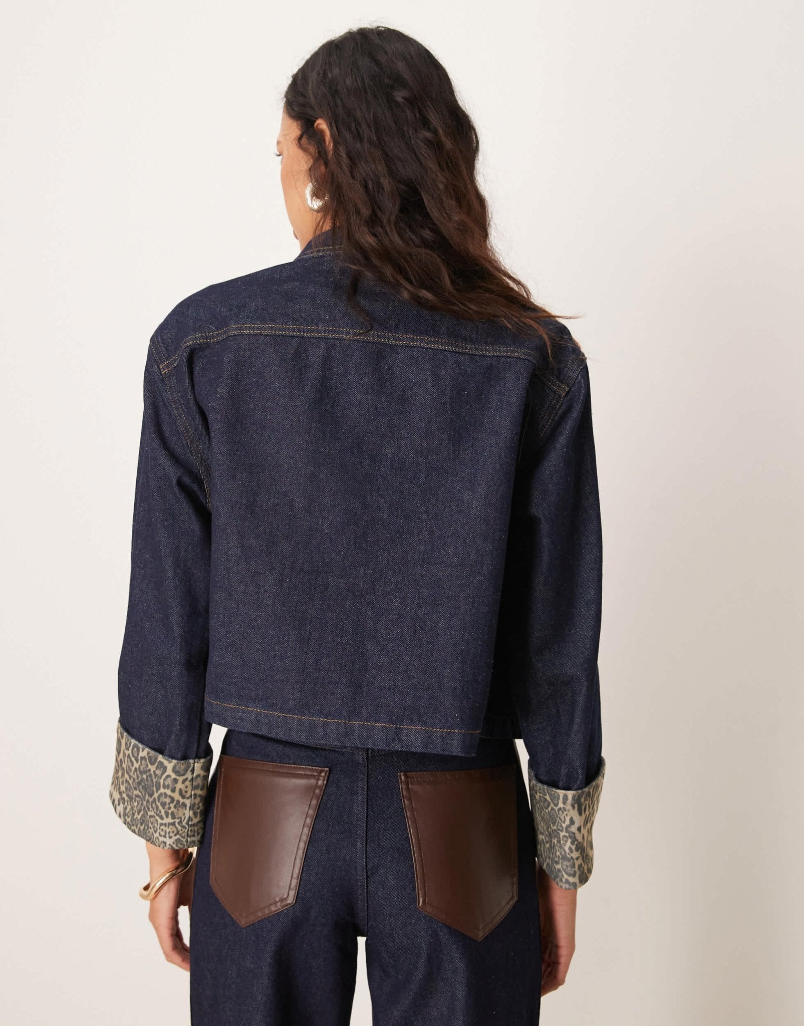 ASOS DESIGN denim jacket with leopard print turn up cuffs in indigo - ASOS Sample Sale
