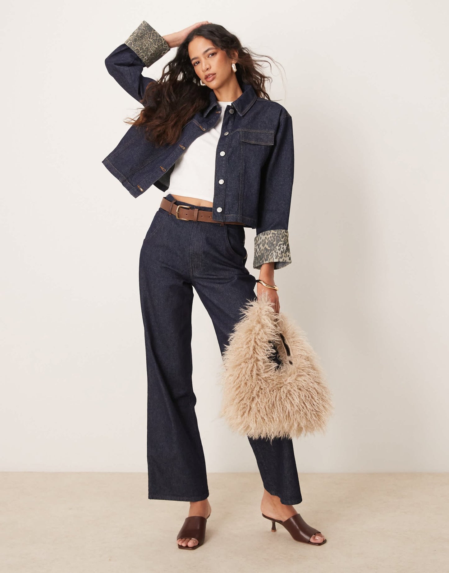 ASOS DESIGN denim jacket with leopard print turn up cuffs in indigo - ASOS Sample Sale