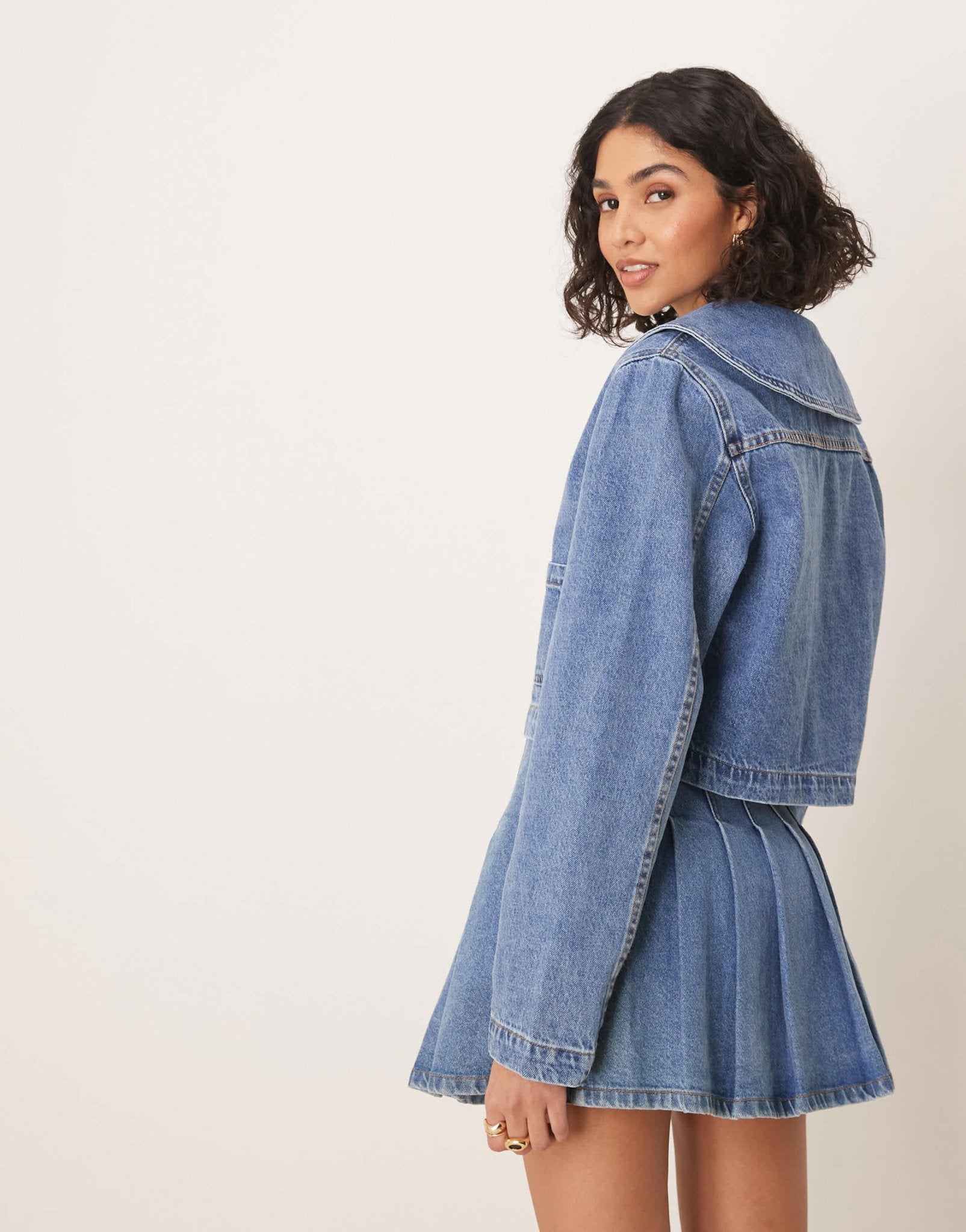 ASOS DESIGN denim jacket with round collar in mid blue co - ord - ASOS Sample Sale