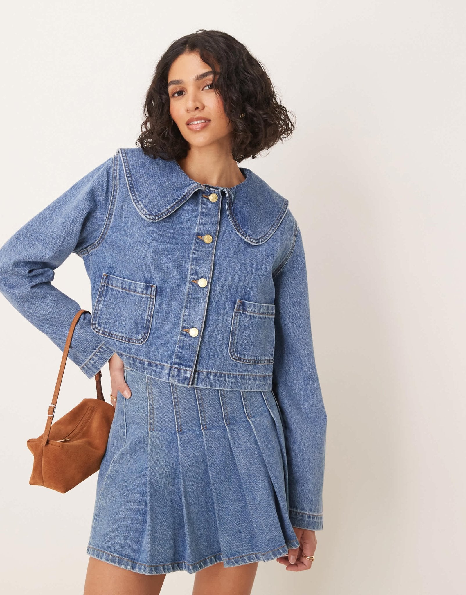 ASOS DESIGN denim jacket with round collar in mid blue co - ord - ASOS Sample Sale
