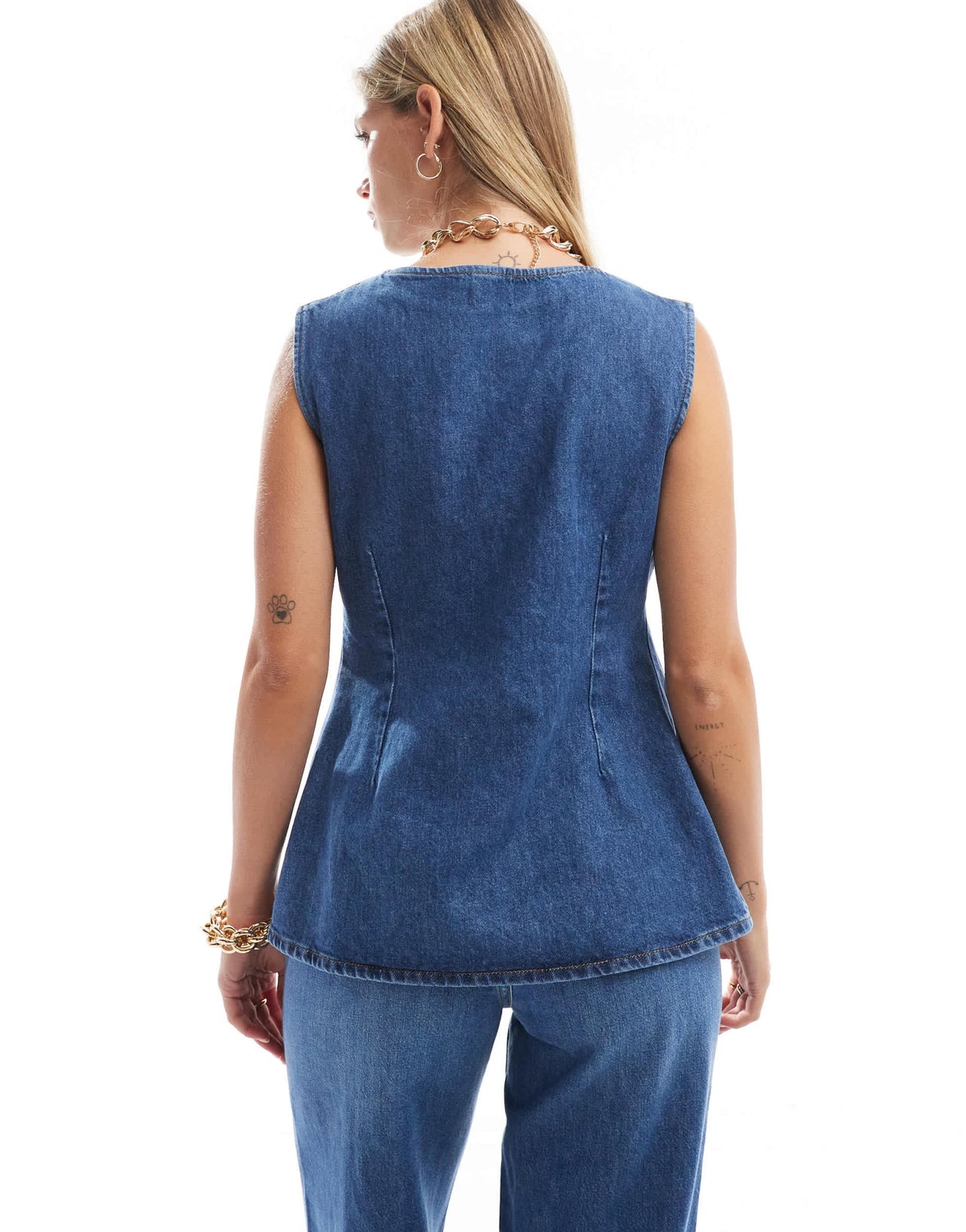 ASOS DESIGN denim long line asymmetric waistcoat in mid blue - ASOS Sample Sale