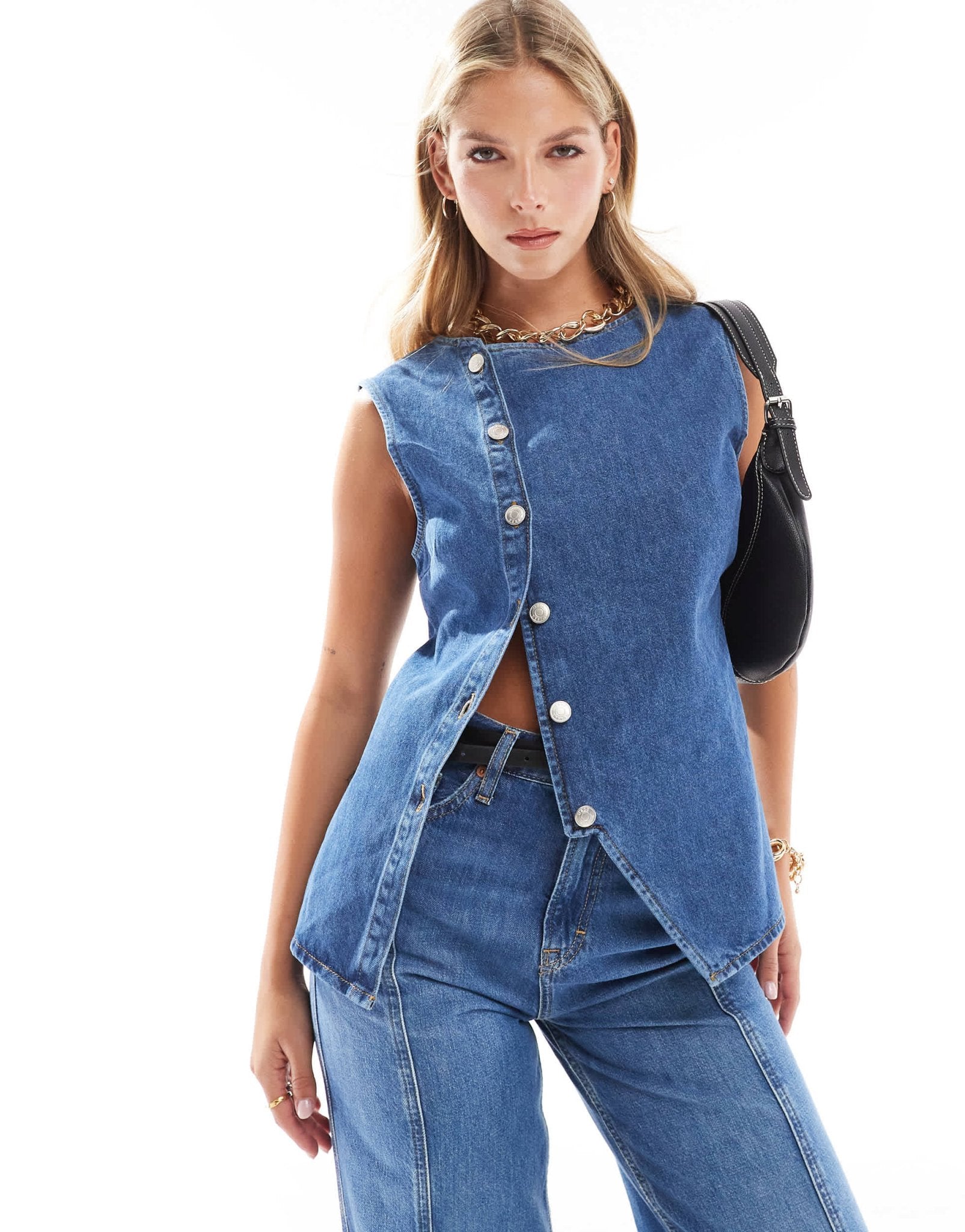 ASOS DESIGN denim long line asymmetric waistcoat in mid blue - ASOS Sample Sale