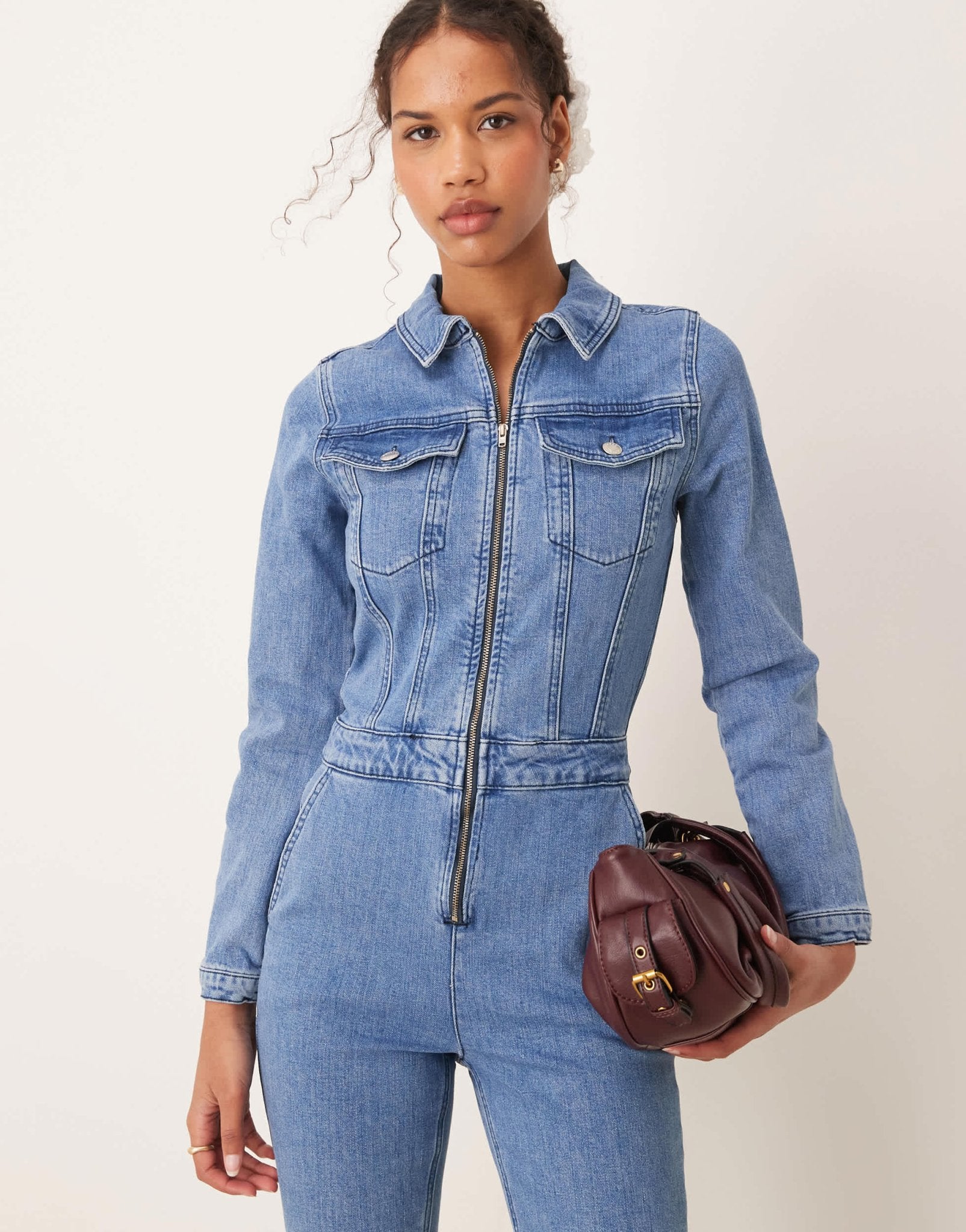 ASOS DESIGN denim long sleeve jumpsuit in mid blue - ASOS Sample Sale