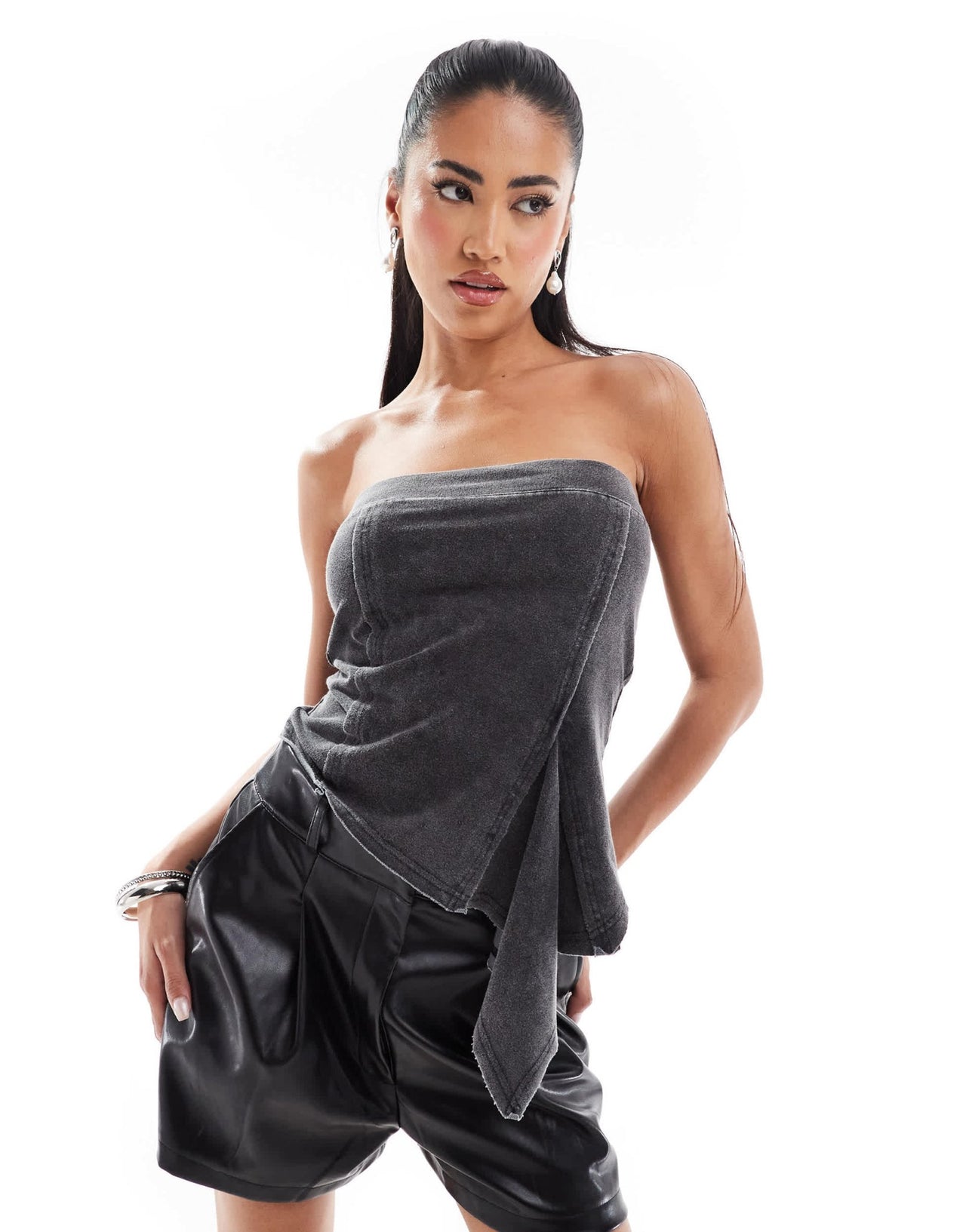 ASOS DESIGN denim look bandeau top with godet detail in charcoal wash - ASOS Sample Sale