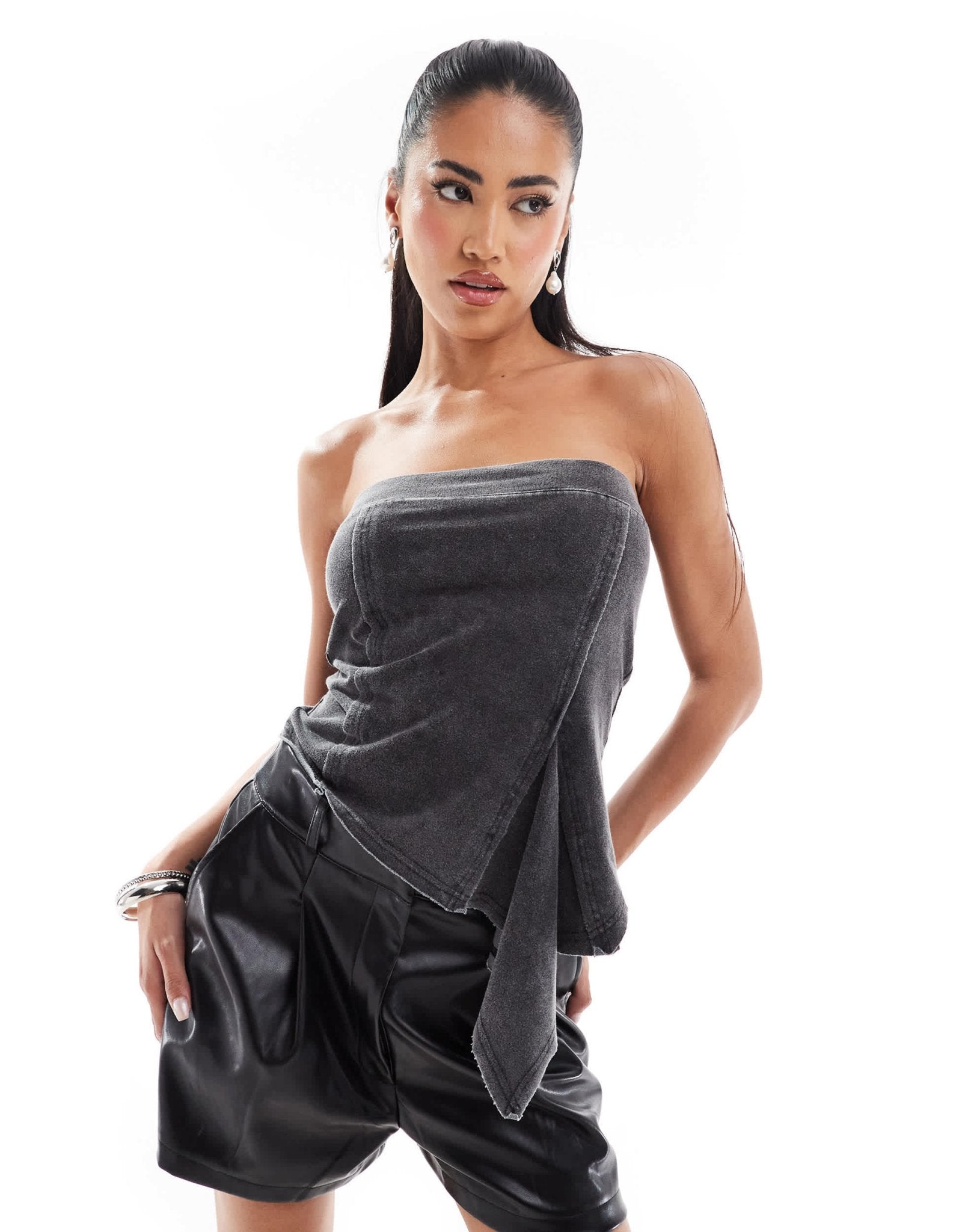 ASOS DESIGN denim look bandeau top with godet detail in charcoal wash - ASOS Sample Sale