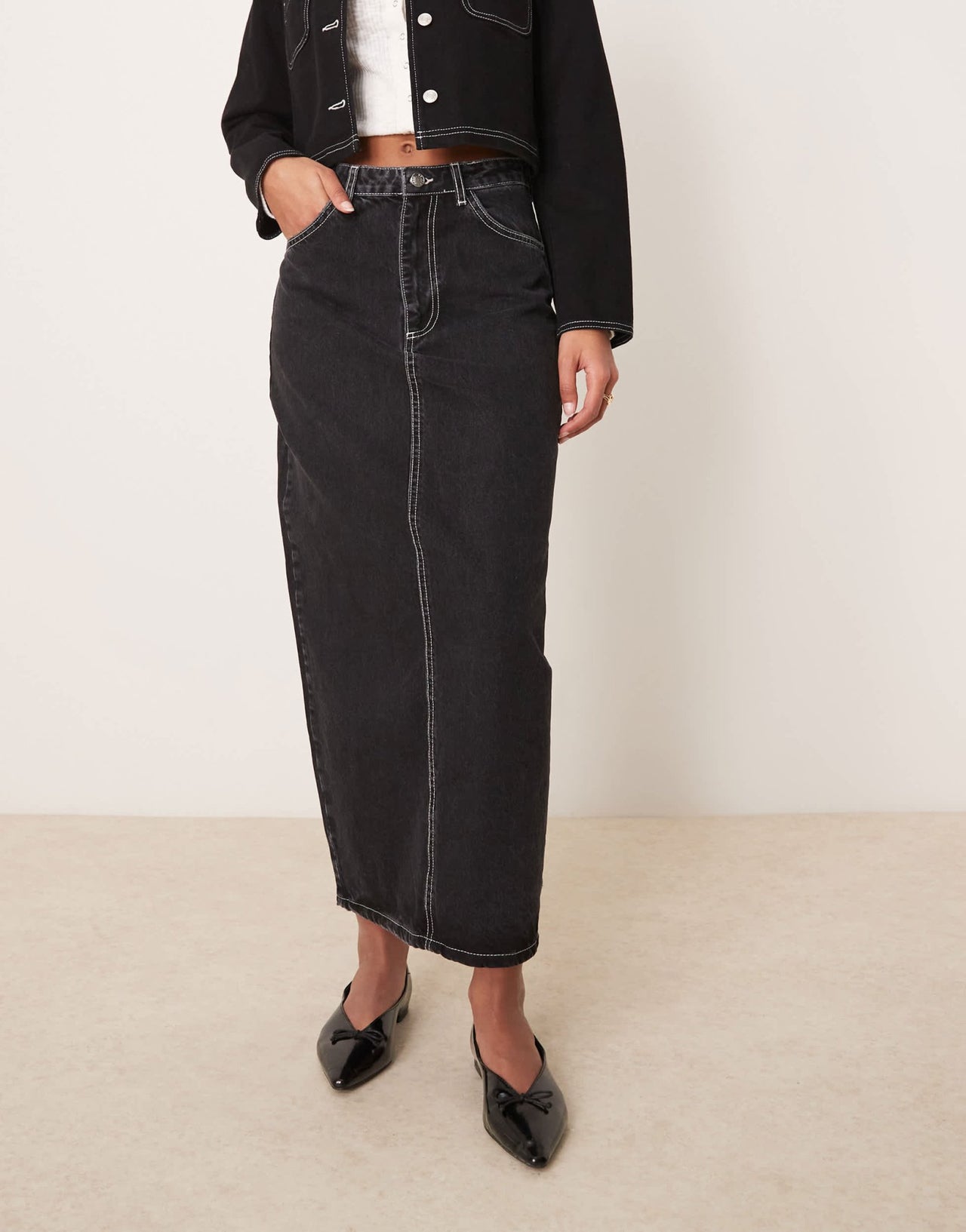ASOS DESIGN denim maxi skirt with patch pockets contrast stitching in washed black - ASOS Sample Sale