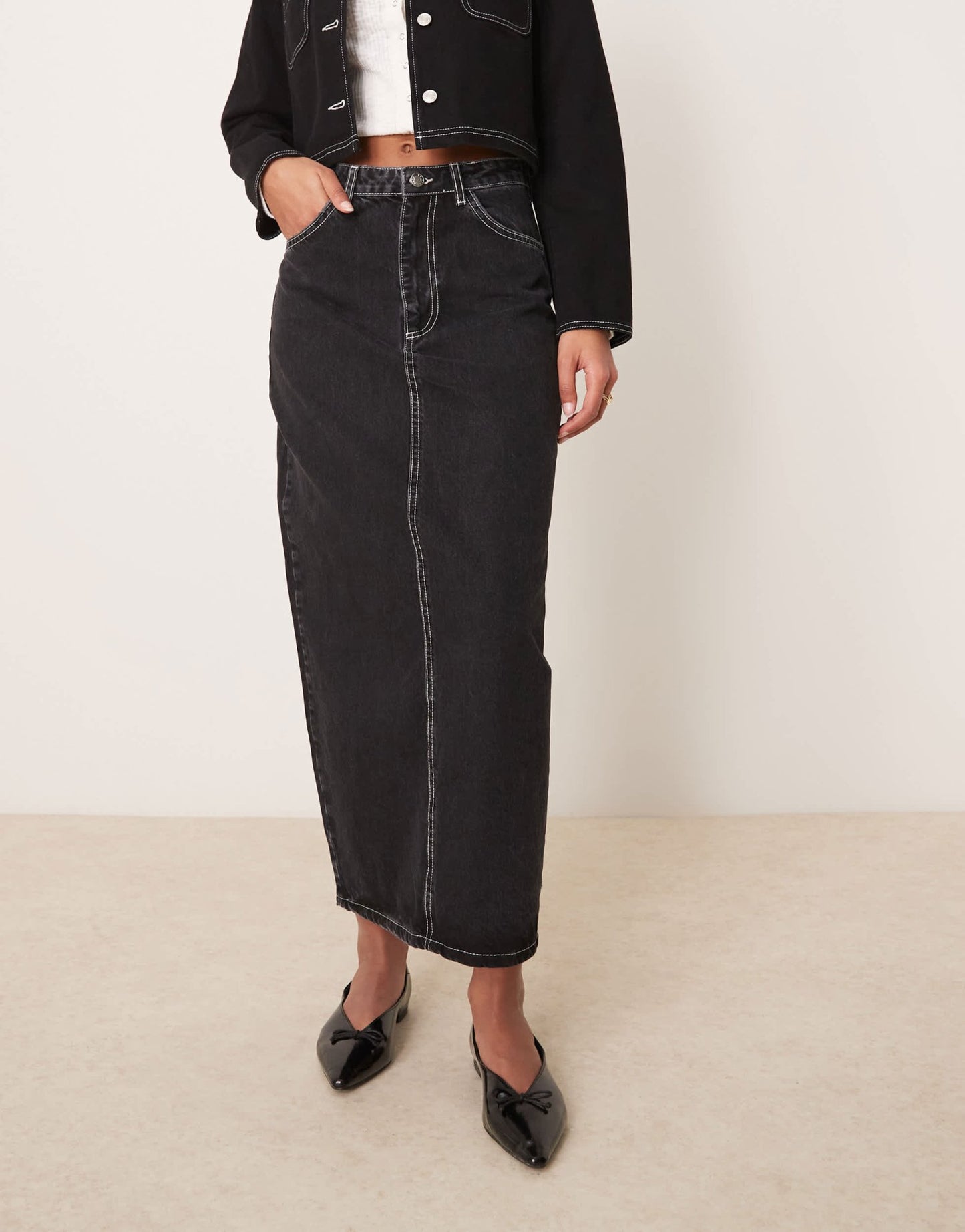 ASOS DESIGN denim maxi skirt with patch pockets contrast stitching in washed black - ASOS Sample Sale