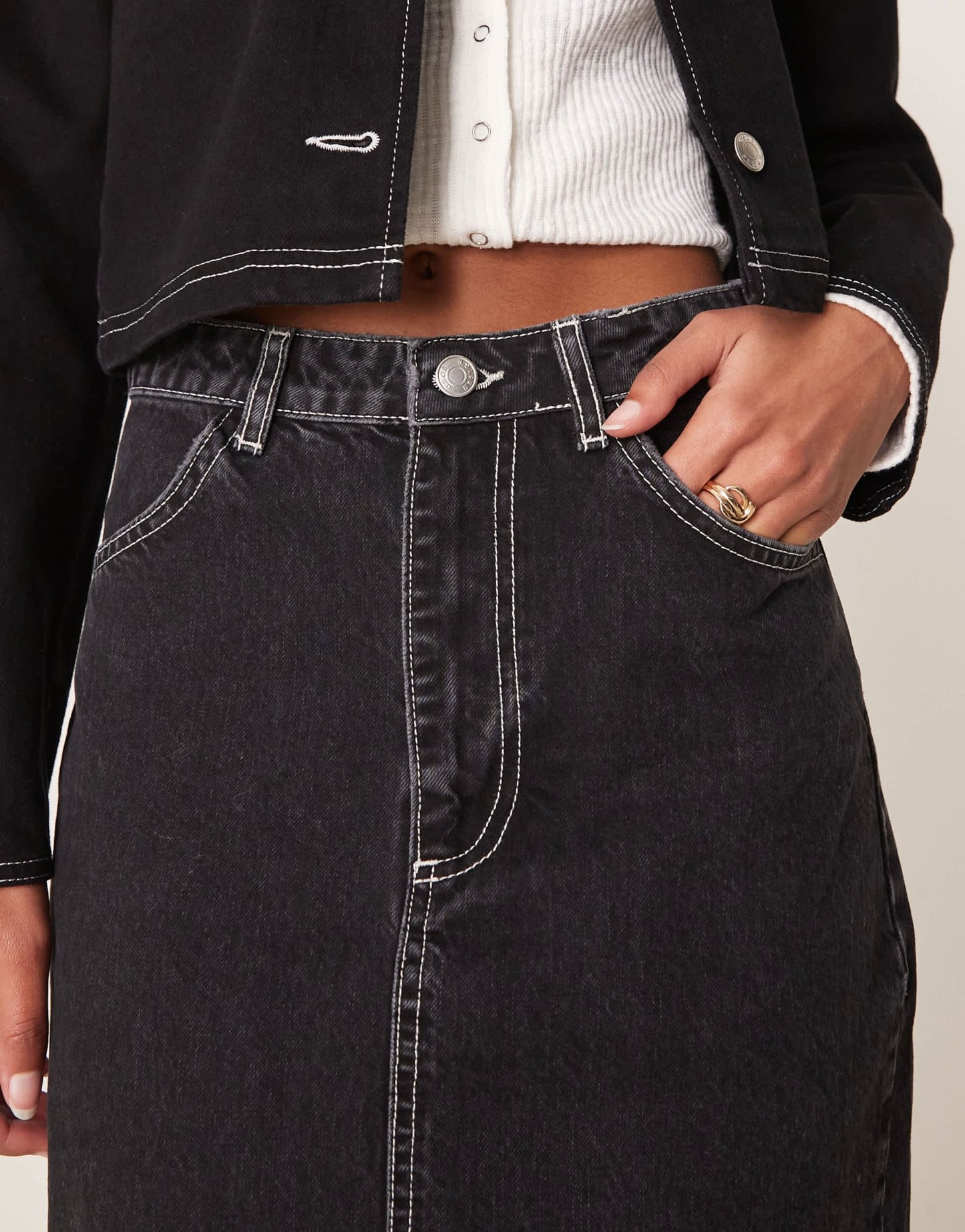 ASOS DESIGN denim maxi skirt with patch pockets contrast stitching in washed black - ASOS Sample Sale