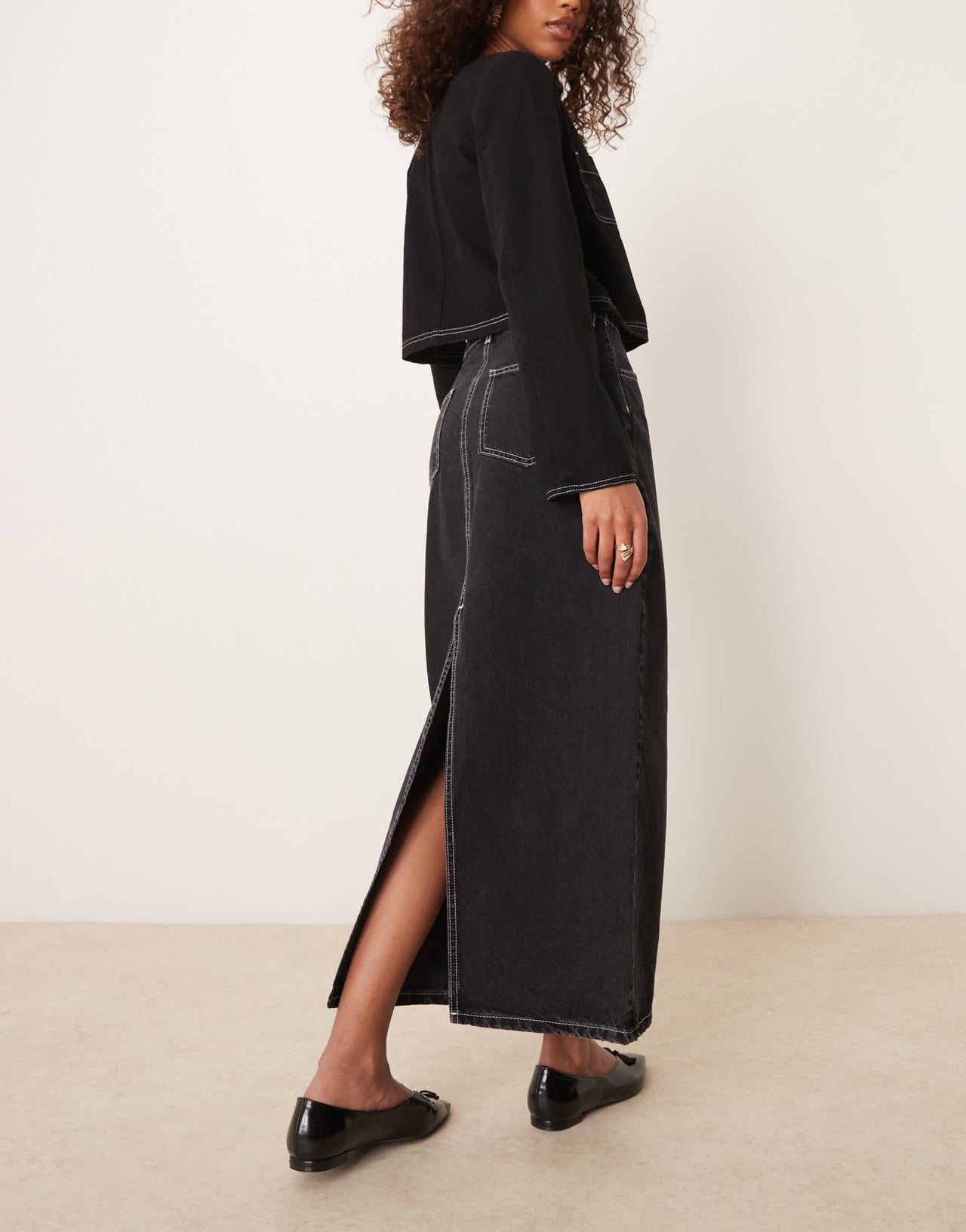 ASOS DESIGN denim maxi skirt with patch pockets contrast stitching in washed black - ASOS Sample Sale