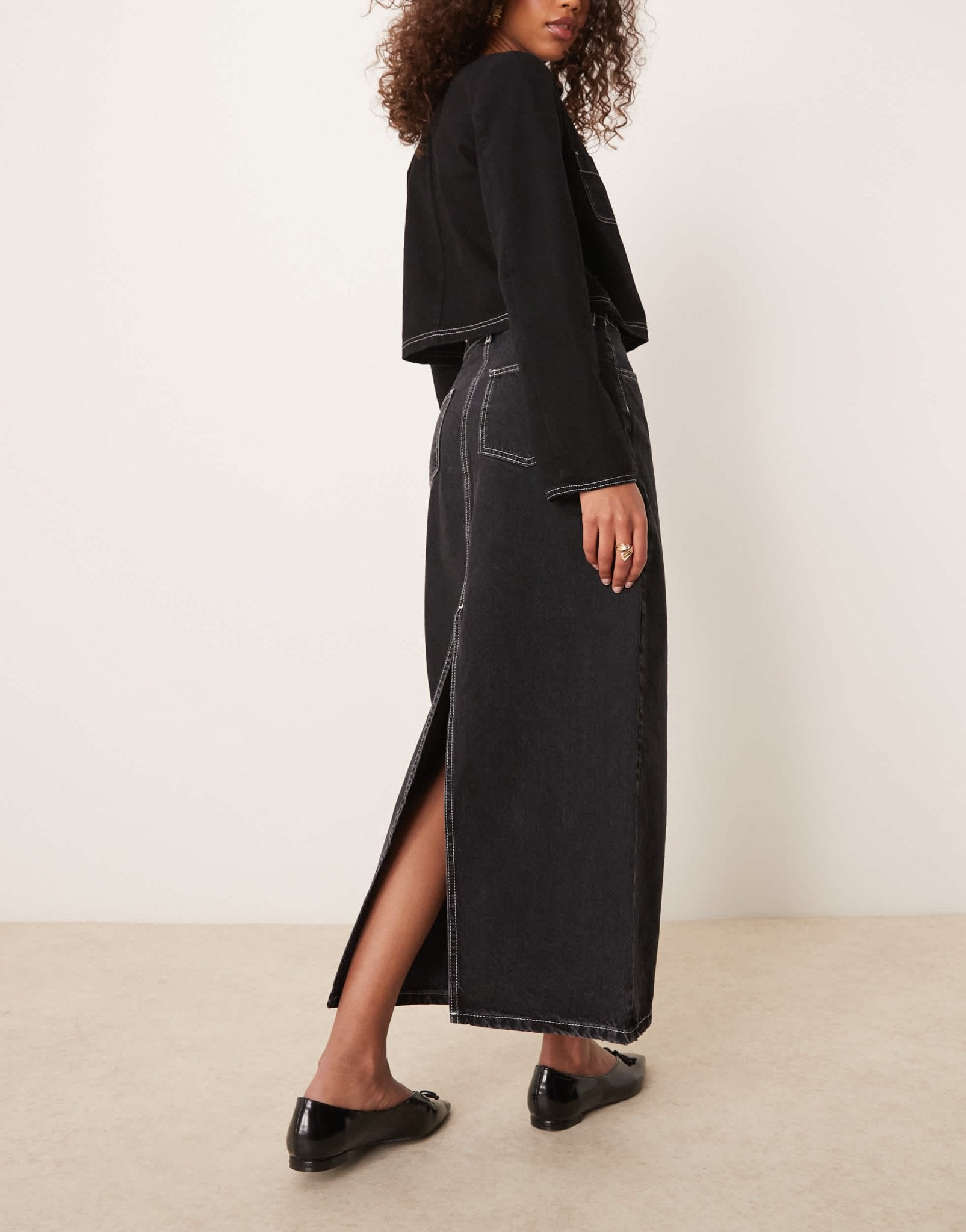 ASOS DESIGN denim maxi skirt with patch pockets contrast stitching in washed black - ASOS Sample Sale