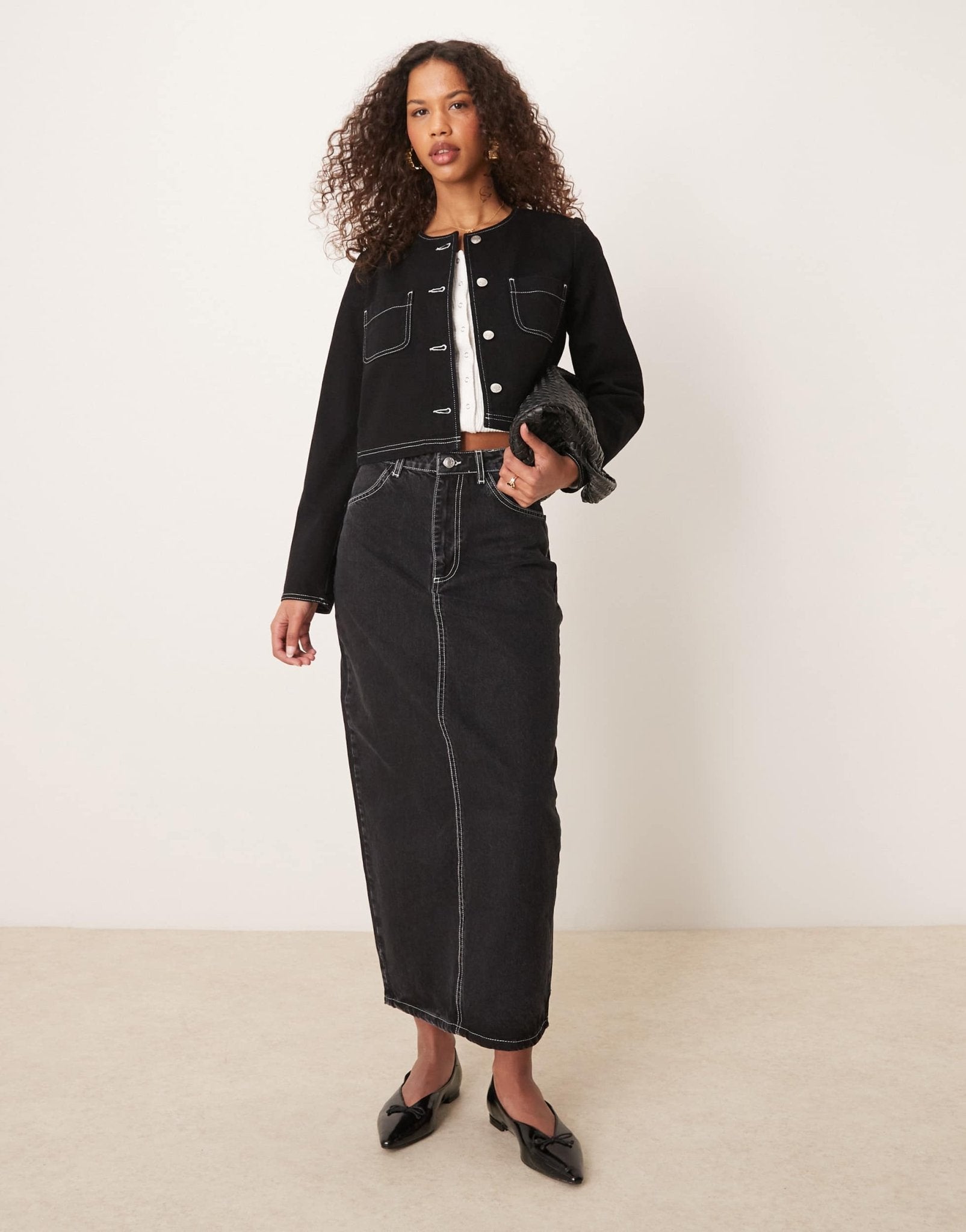 ASOS DESIGN denim maxi skirt with patch pockets contrast stitching in washed black - ASOS Sample Sale