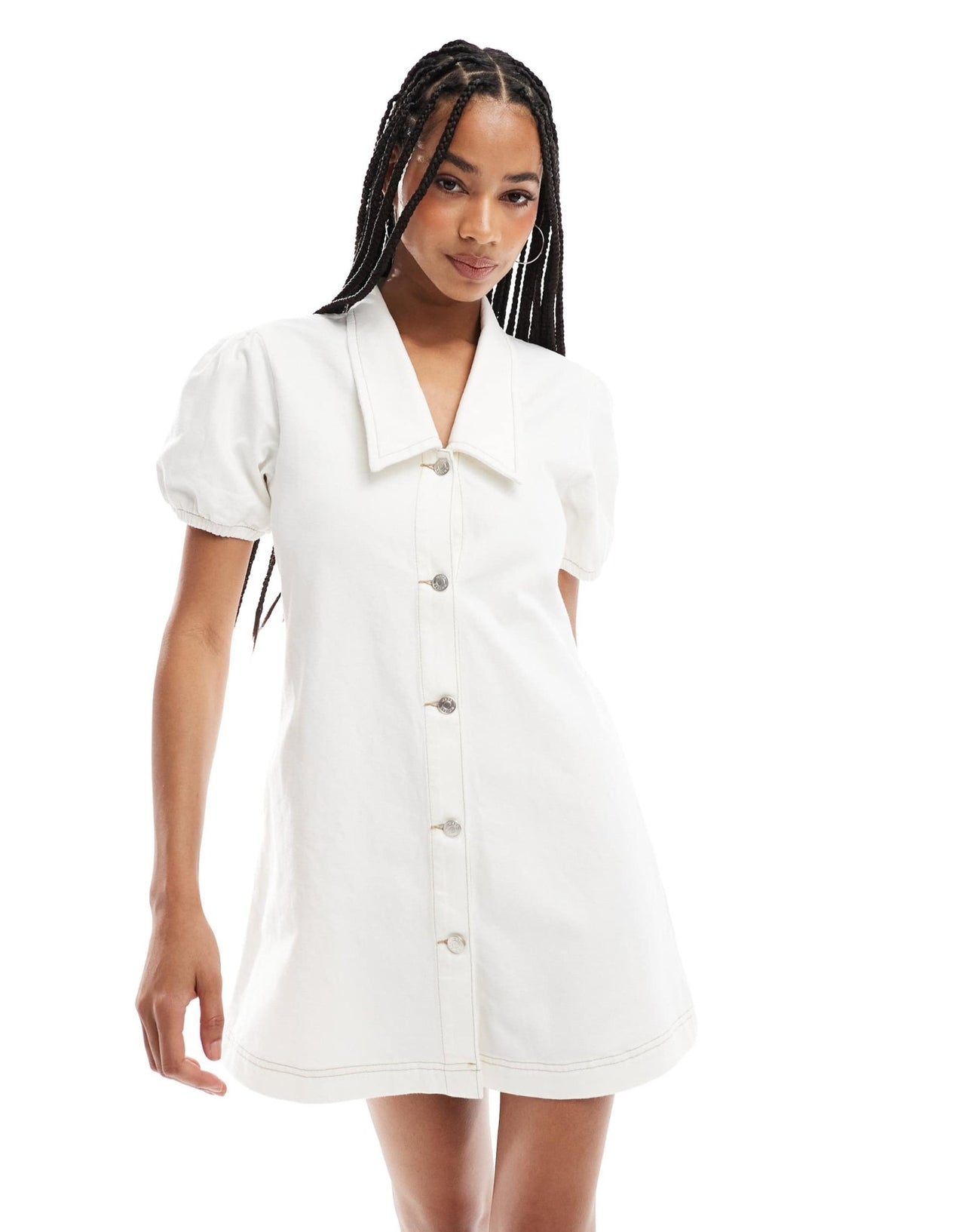 ASOS DESIGN denim mini dress with collar and puff sleeves in ecru - ASOS Sample Sale