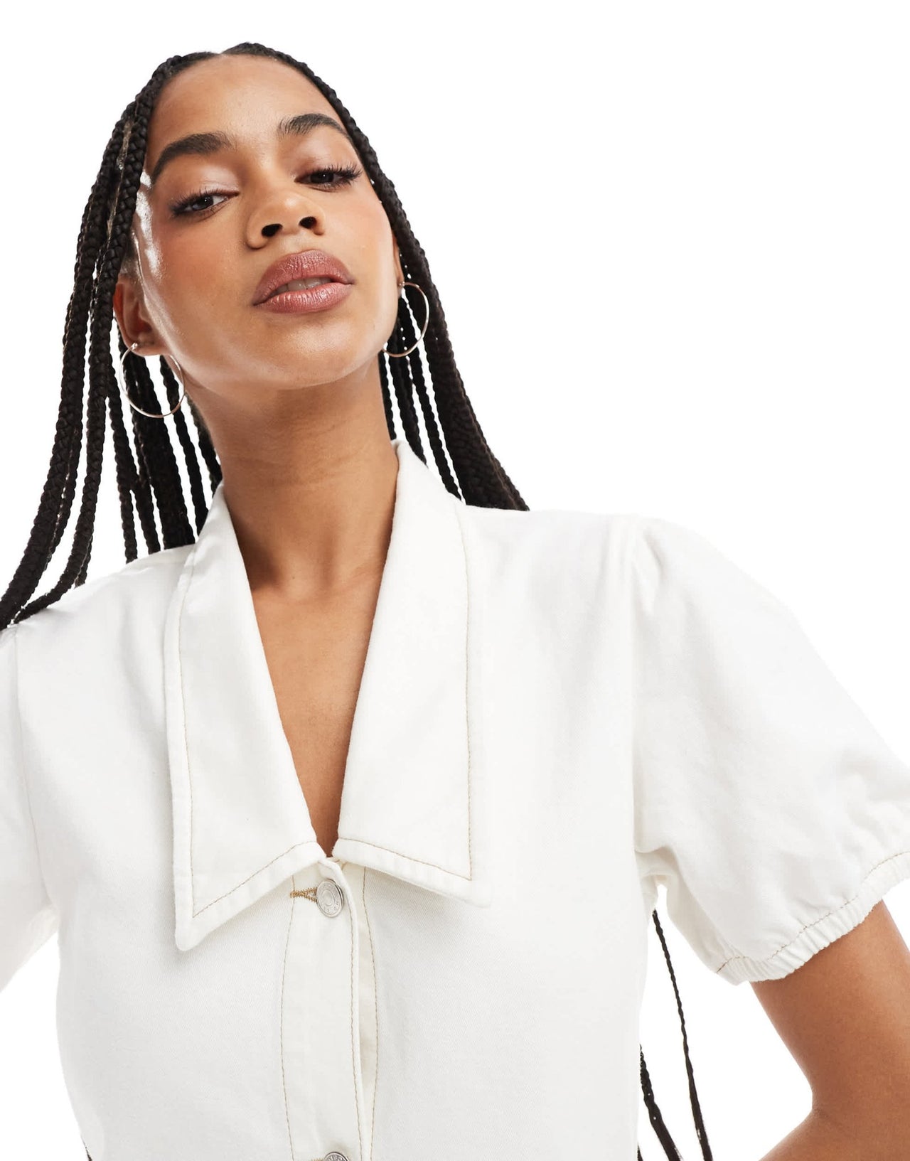 ASOS DESIGN denim mini dress with collar and puff sleeves in ecru - ASOS Sample Sale
