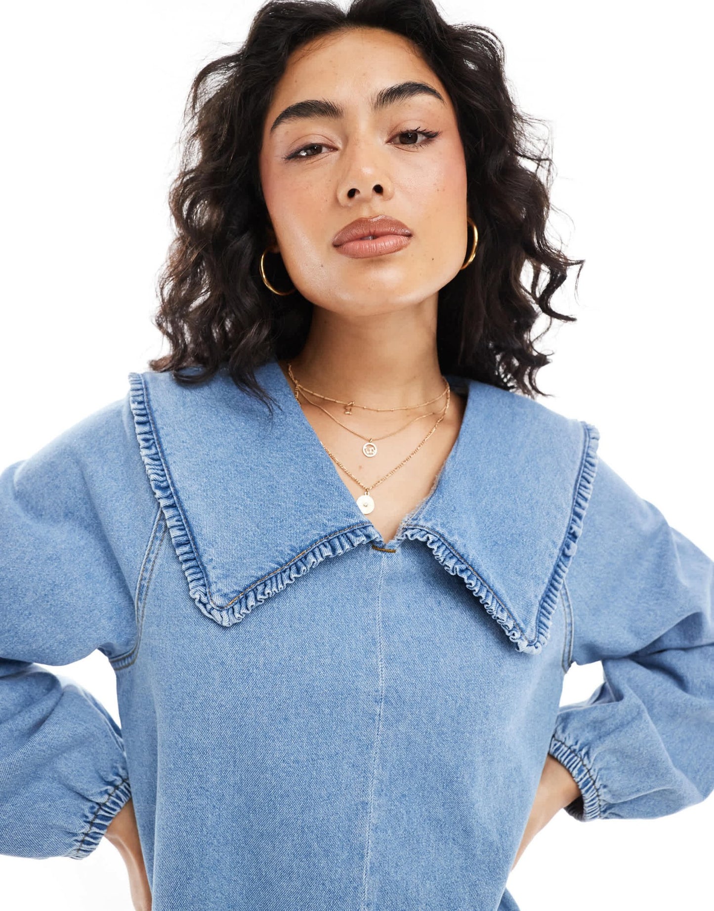 ASOS DESIGN denim mini dress with oversized ruffle collar in mid blue - ASOS Sample Sale