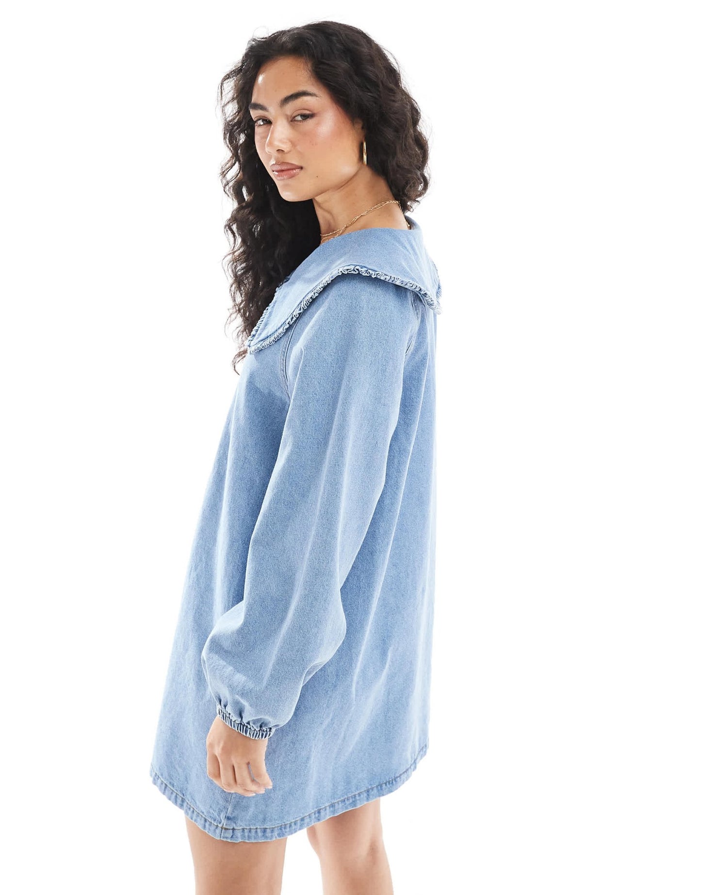 ASOS DESIGN denim mini dress with oversized ruffle collar in mid blue - ASOS Sample Sale