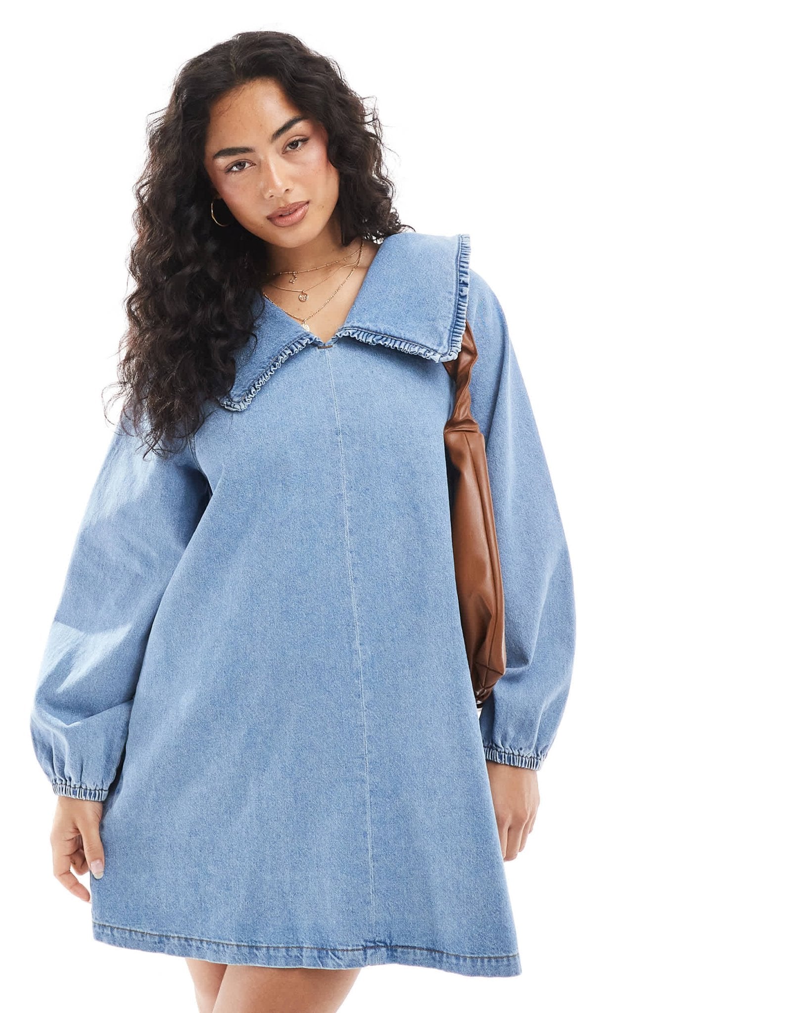ASOS DESIGN denim mini dress with oversized ruffle collar in mid blue - ASOS Sample Sale