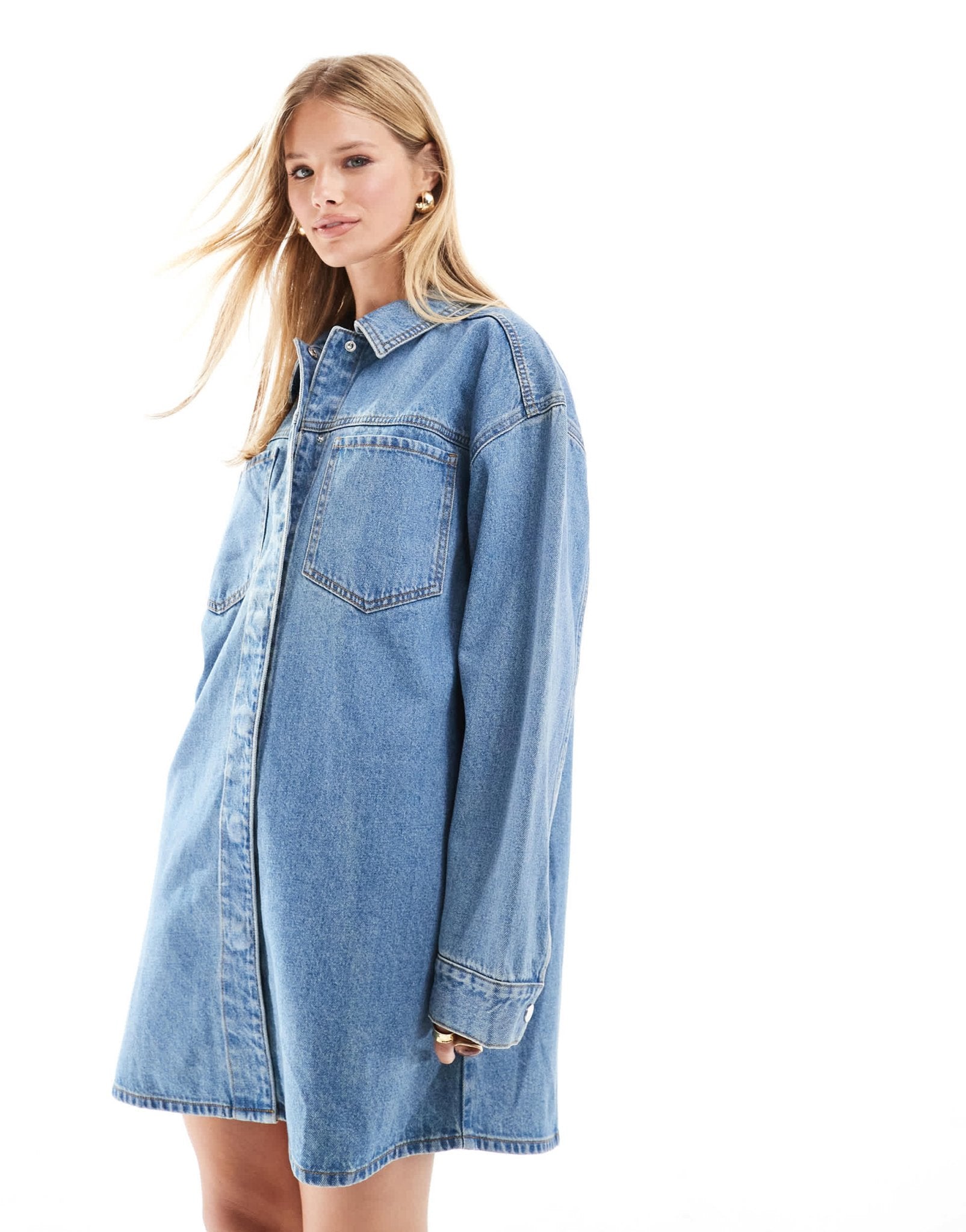 ASOS DESIGN denim mini shirt dress in midwash blue - ASOS Sample Sale