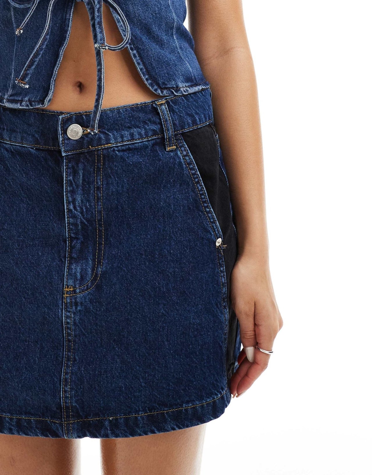 ASOS DESIGN denim mini skirt with contrast panels in blue and black - ASOS Sample Sale