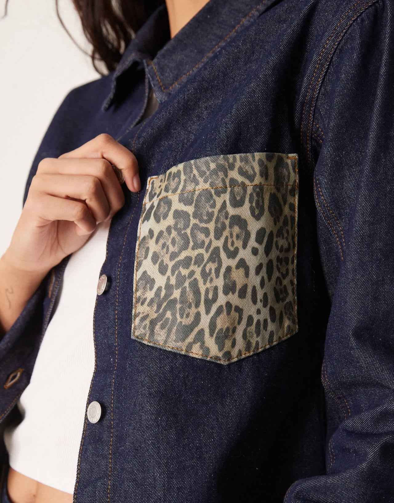 ASOS DESIGN denim oversized shirt with leopard print pocket in indigo - ASOS Sample Sale