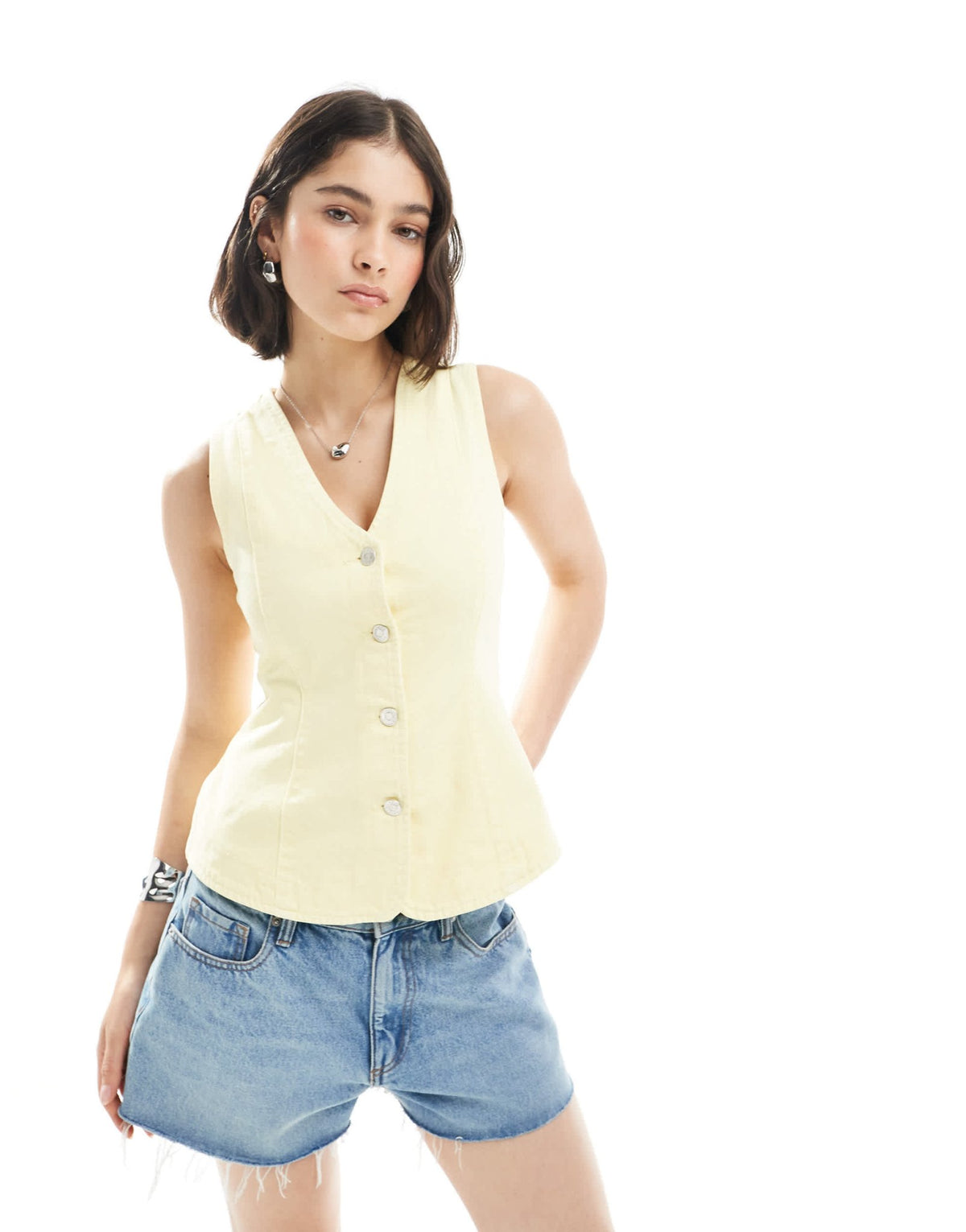 ASOS DESIGN denim peplum waistcoat in buttermilk - ASOS Sample Sale