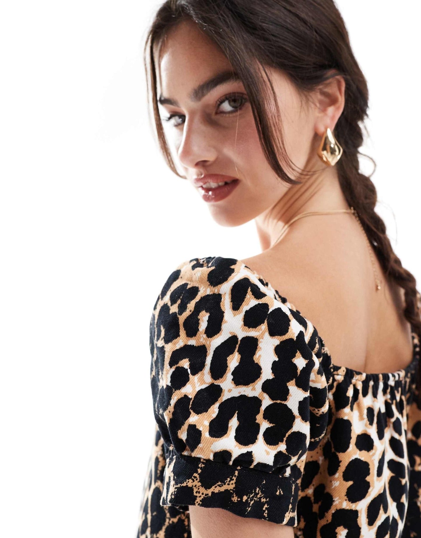 ASOS DESIGN denim puff sleeve top in leopard - ASOS Sample Sale