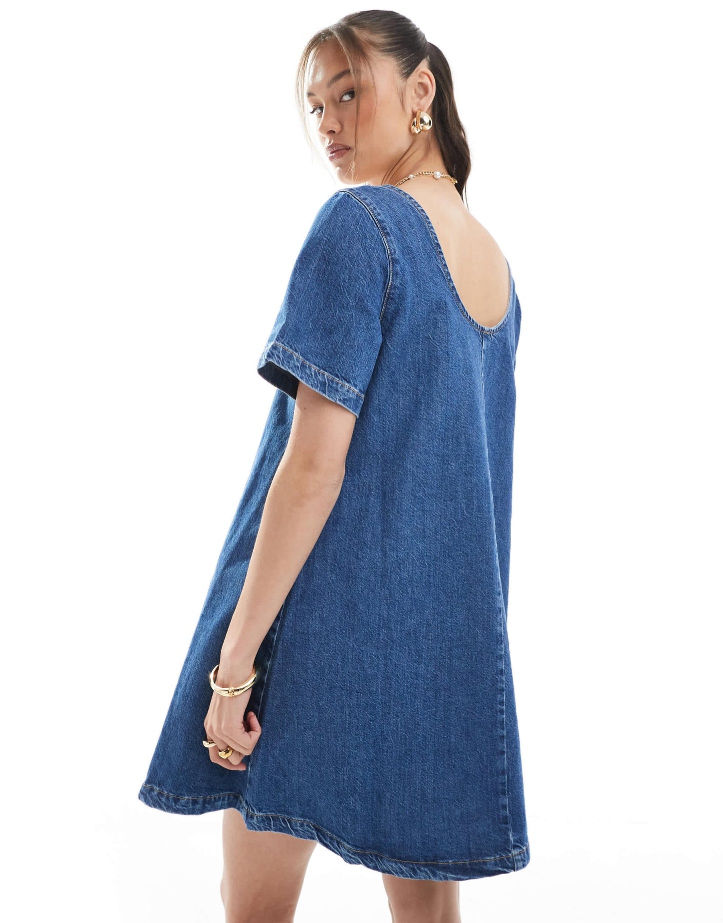 ASOS DESIGN denim scoop neck short sleeve mini dress in mid blue - ASOS Sample Sale