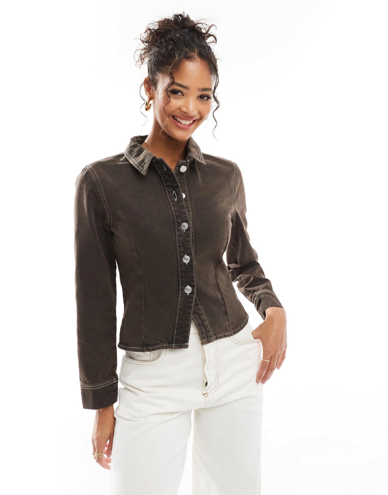 ASOS DESIGN denim seamed cinch shirt in brown - ASOS Sample Sale
