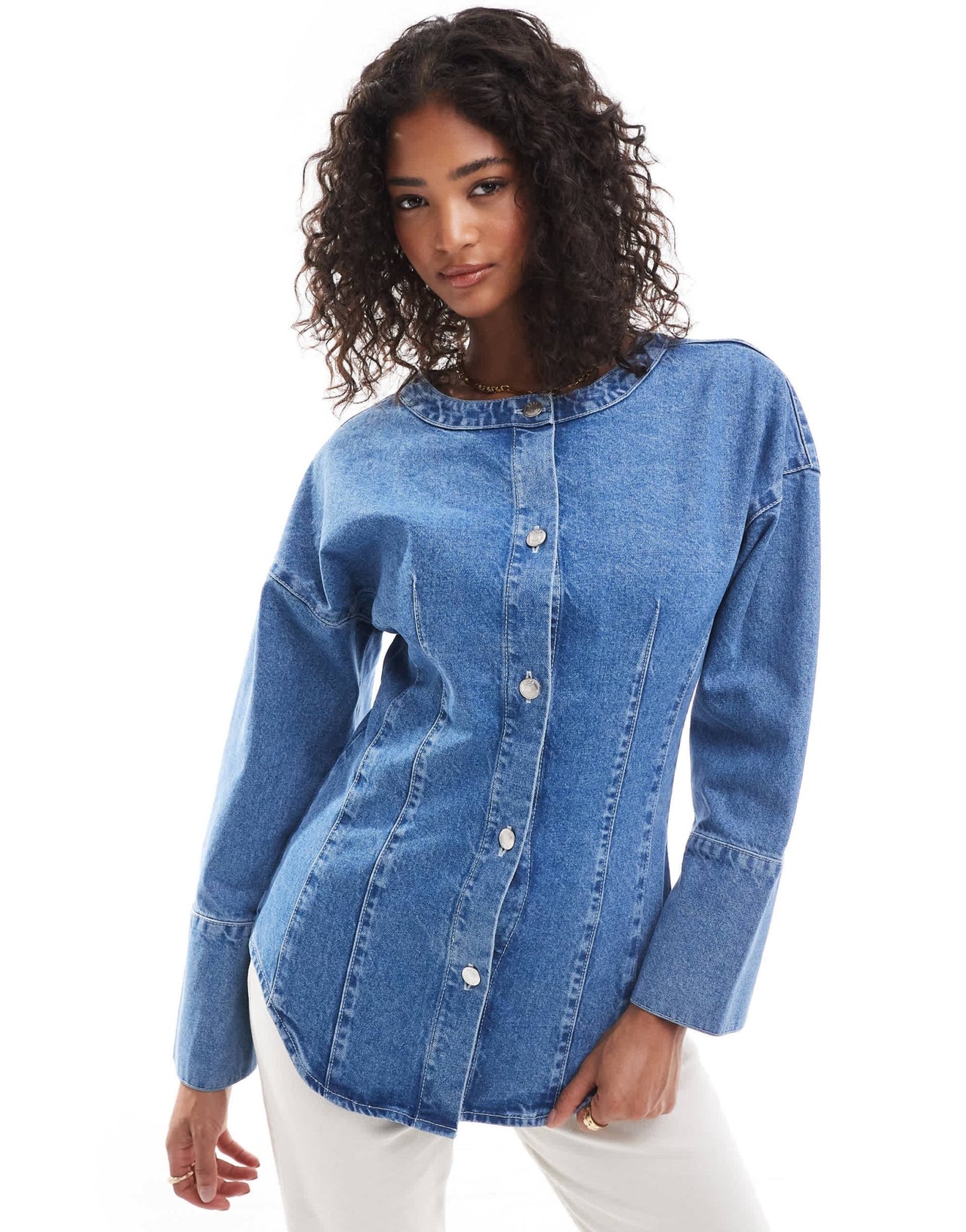 ASOS DESIGN denim seamed cinch shirt in mid blue - ASOS Sample Sale