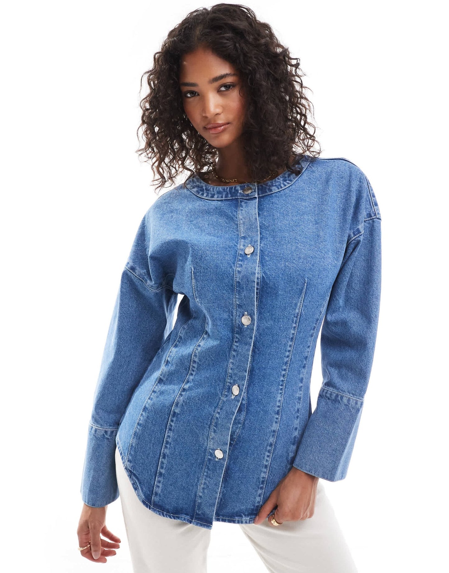 ASOS DESIGN denim seamed cinch shirt in mid blue - ASOS Sample Sale