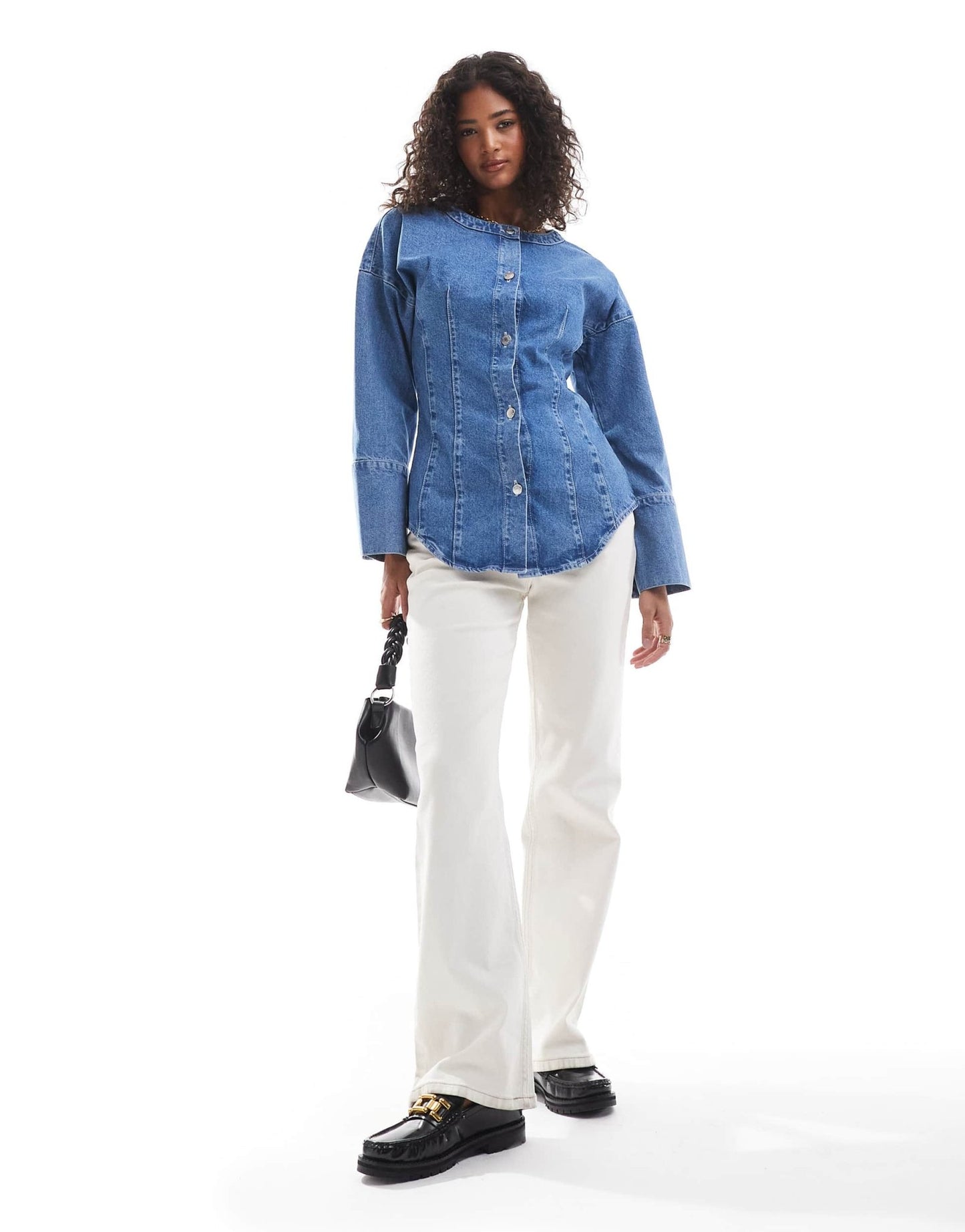ASOS DESIGN denim seamed cinch shirt in mid blue - ASOS Sample Sale