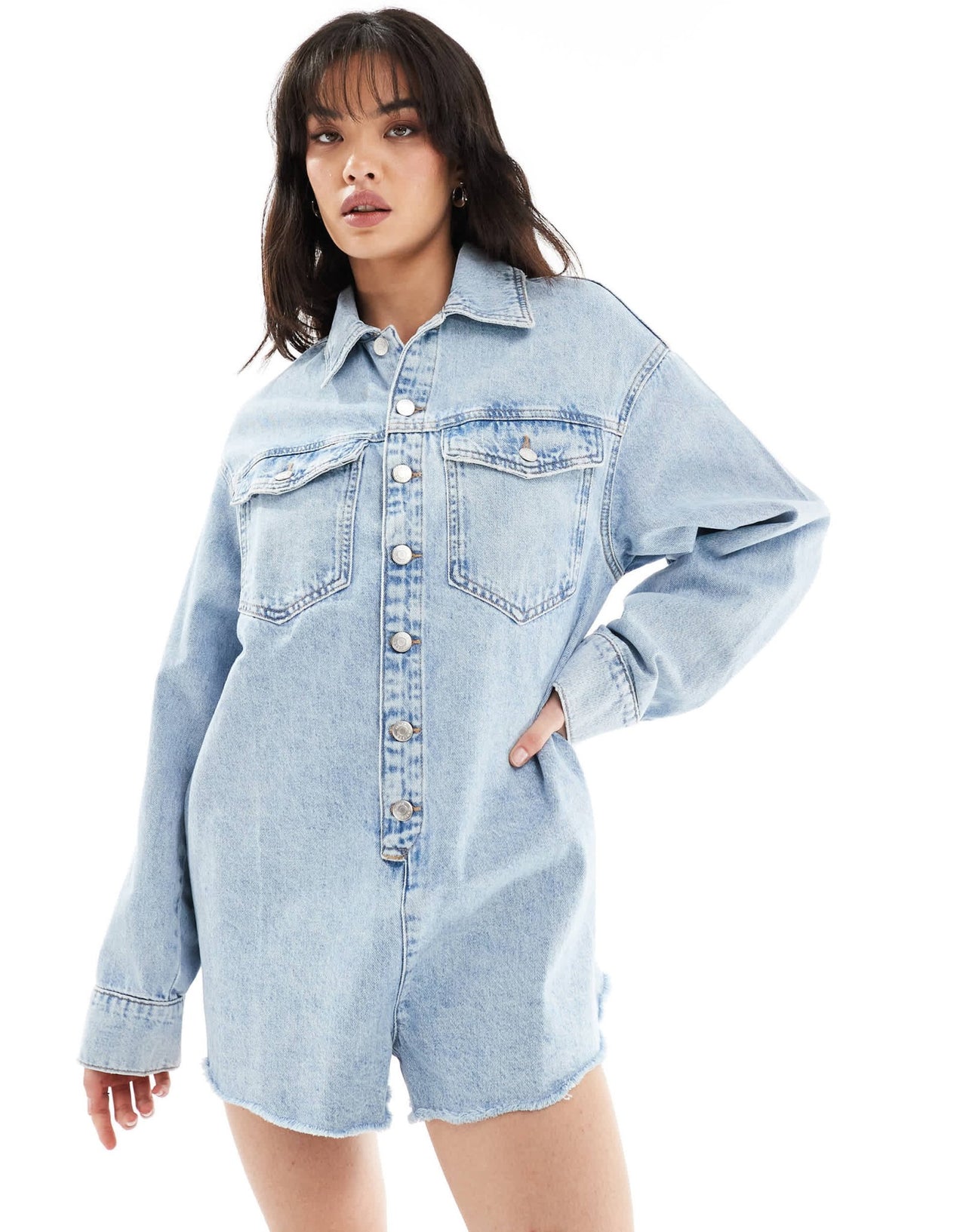 ASOS DESIGN denim short jumpsuit in bleach wash - ASOS Sample Sale