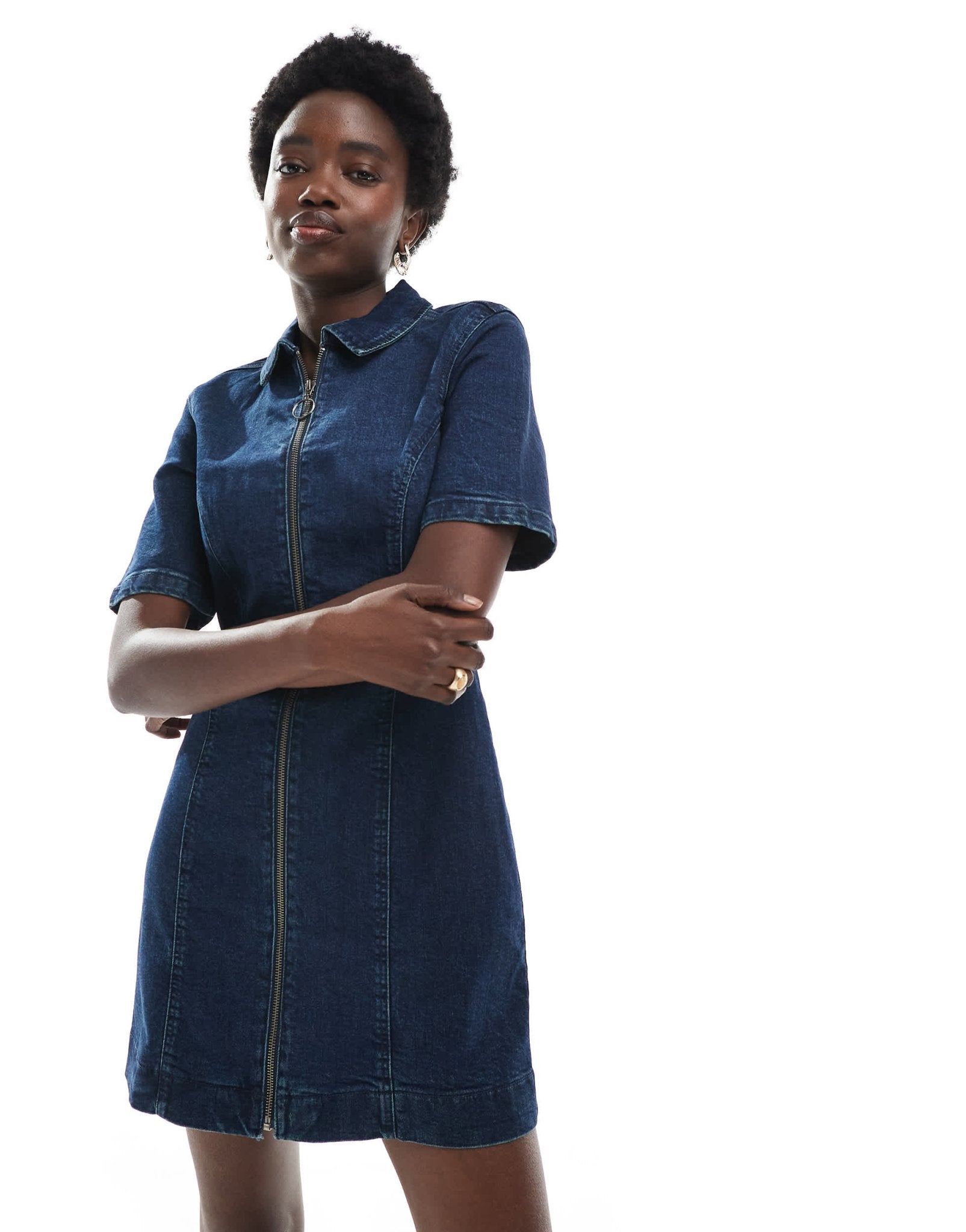 ASOS DESIGN denim short sleeve mini dress with zip through in darkwash - ASOS Sample Sale