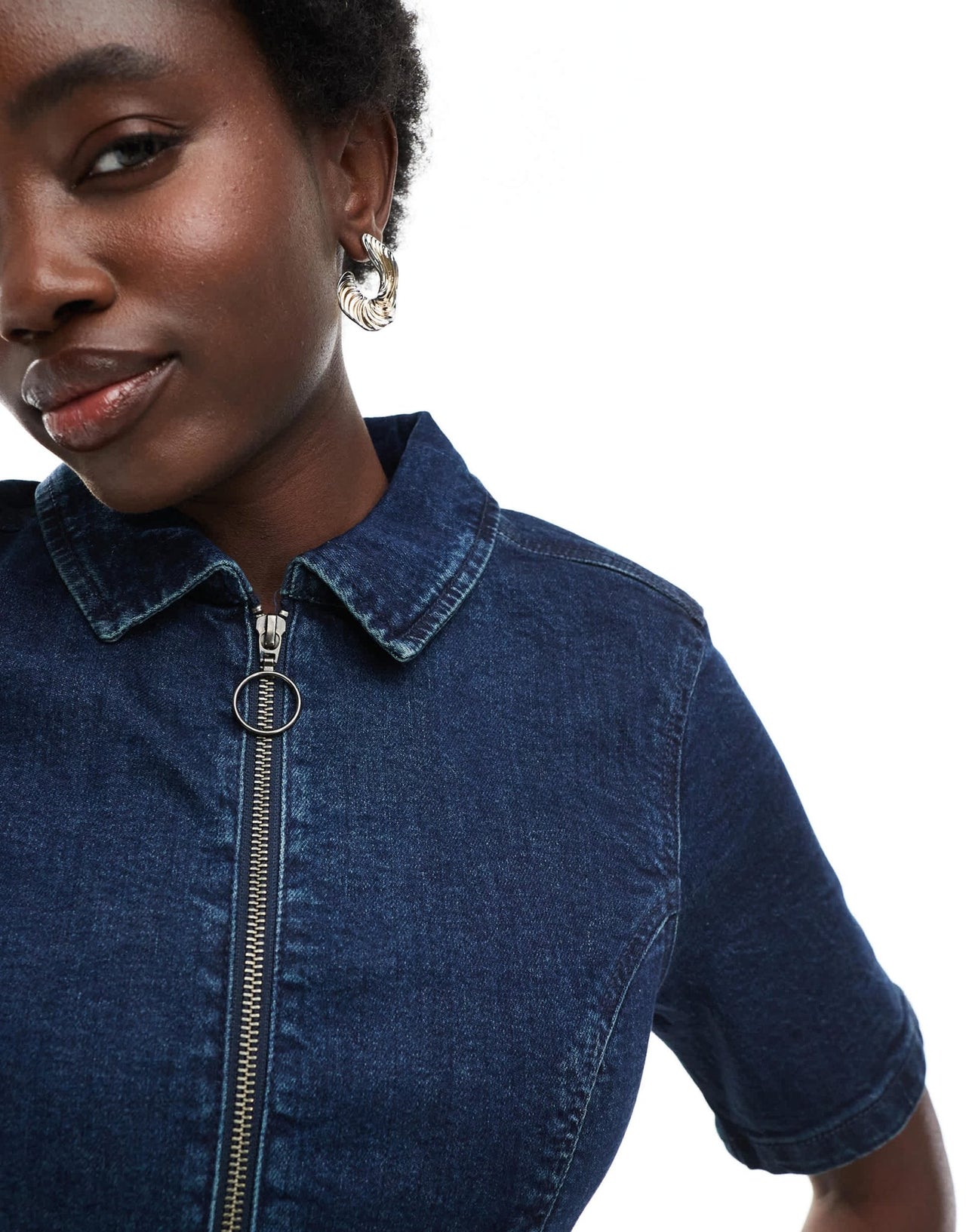 ASOS DESIGN denim short sleeve mini dress with zip through in darkwash - ASOS Sample Sale