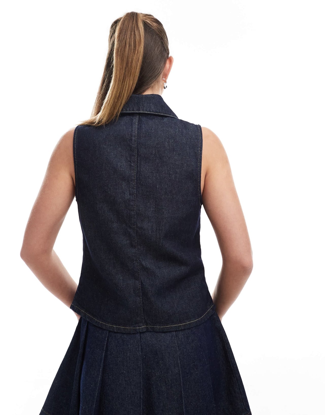 ASOS DESIGN denim sleeveless collar tie front top in indigo - ASOS Sample Sale