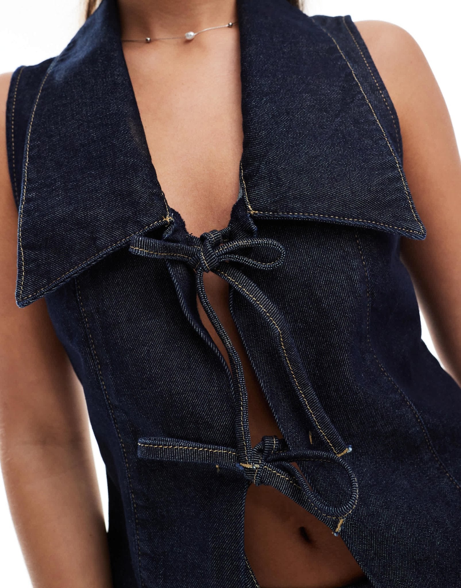 ASOS DESIGN denim sleeveless collar tie front top in indigo - ASOS Sample Sale