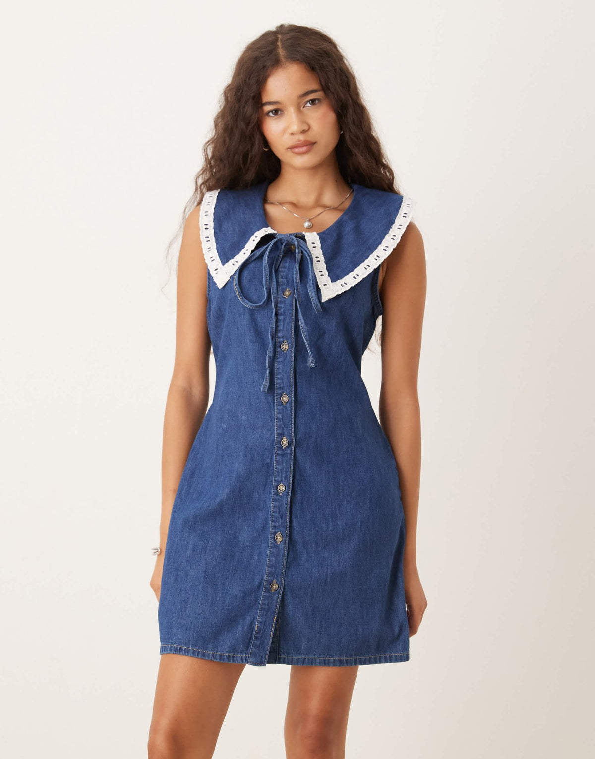 ASOS DESIGN denim sleeveless mini dress with oversized collar in dark blue - ASOS Sample Sale